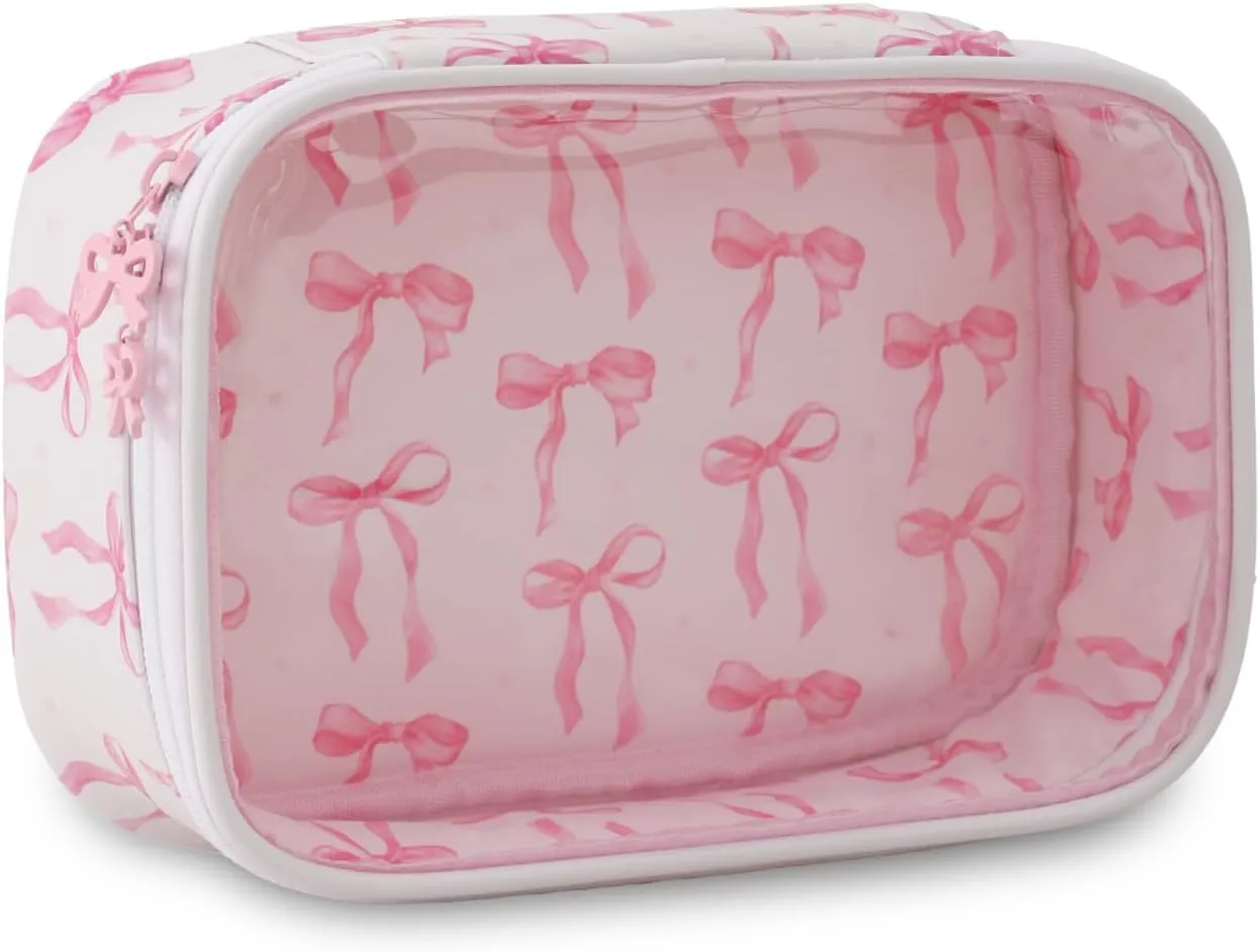 DYSHAYEN Clear Makeup Bag for Women Girls Small Travel Pink Bow Cosmetic Bag Cute Makeup Pouch for Purse Birthday Gifts for Girlfriend Mom Bridesmaid (Pink Bow B)