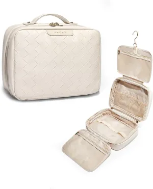 EACHY Toiletry Bag with Hanging Hook, Travel Makeup Bag PU Leather Cosmetic Bags for Women Make Up Organizer with 4 Compartments Waterproof Full-Size Portable Travel Essentials (Plait-White)