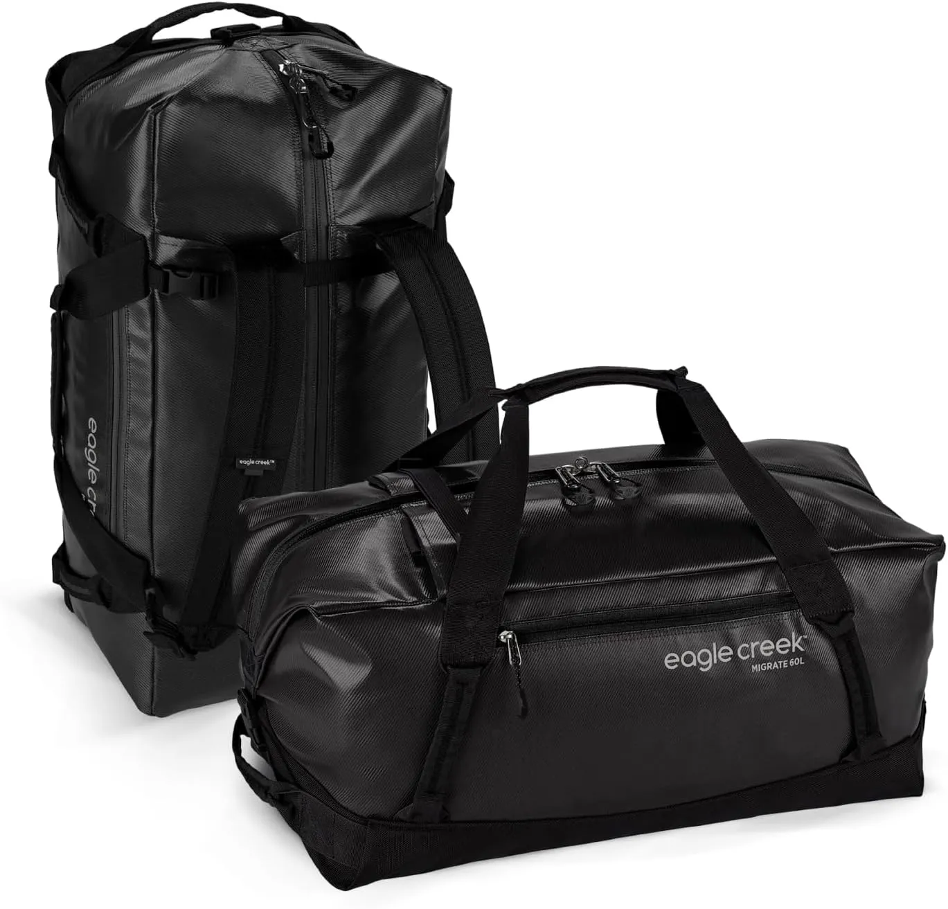 Eagle Creek Migrate 60L Travel Backpack Duffle Bag with Tuck-Away Backpack Straps, Full-Access Wide Mouth Opening & Seamless Bottom Bathtub Construction, Black