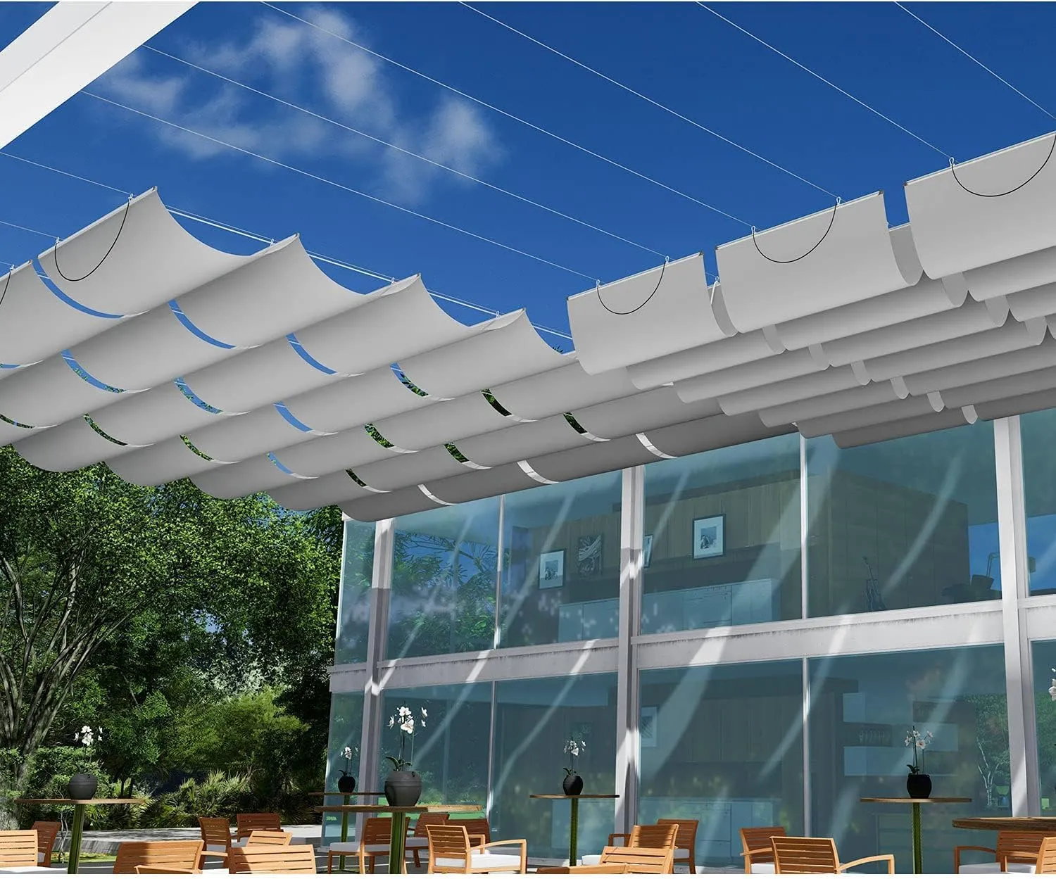 E&K 7'Wx18'L Waterproof Pergola Shade Cover Retractable Canopy Outdoor Wave Sun Shade for Patio Garden Backyard Deck Trellis (Light Gray)