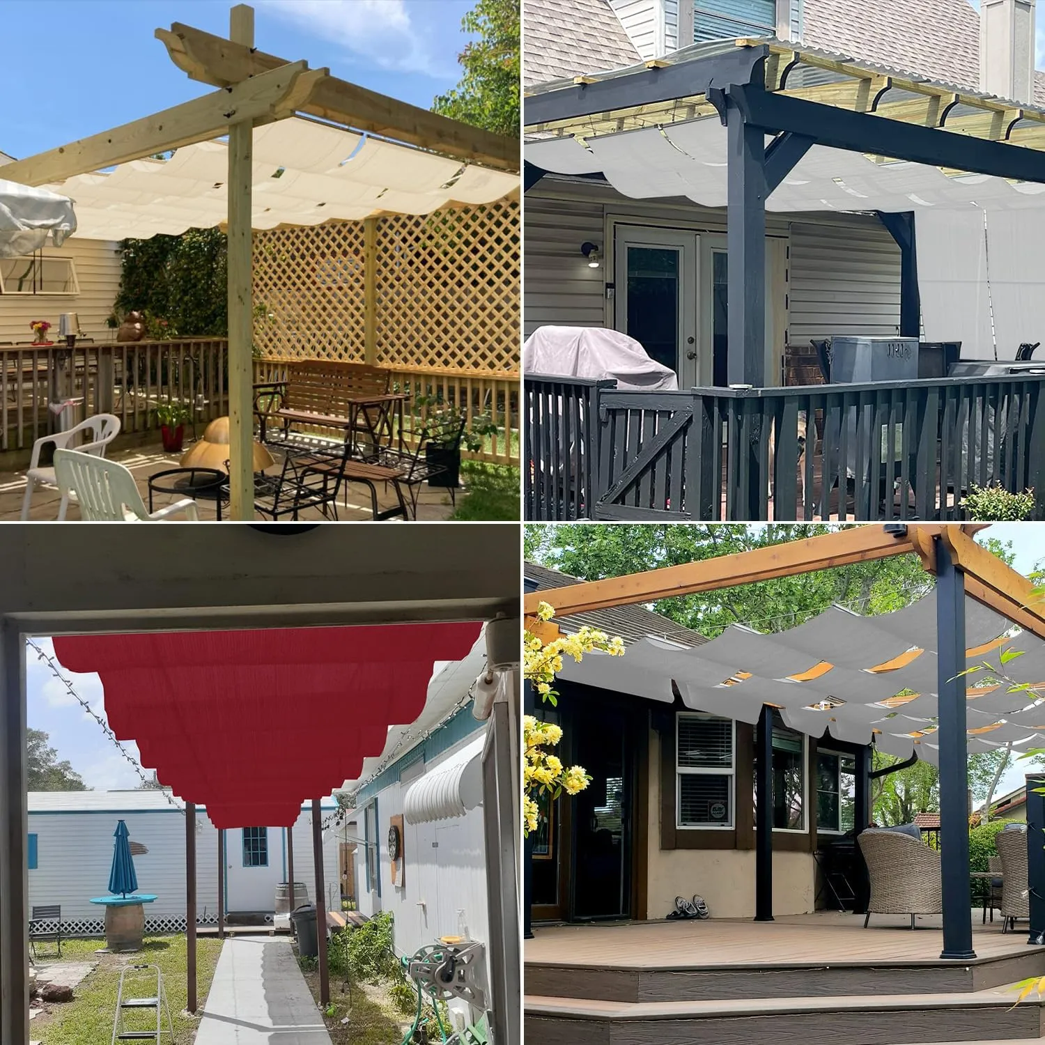 E&K 7'Wx18'L Waterproof Pergola Shade Cover Retractable Canopy Outdoor Wave Sun Shade for Patio Garden Backyard Deck Trellis (Light Gray)
