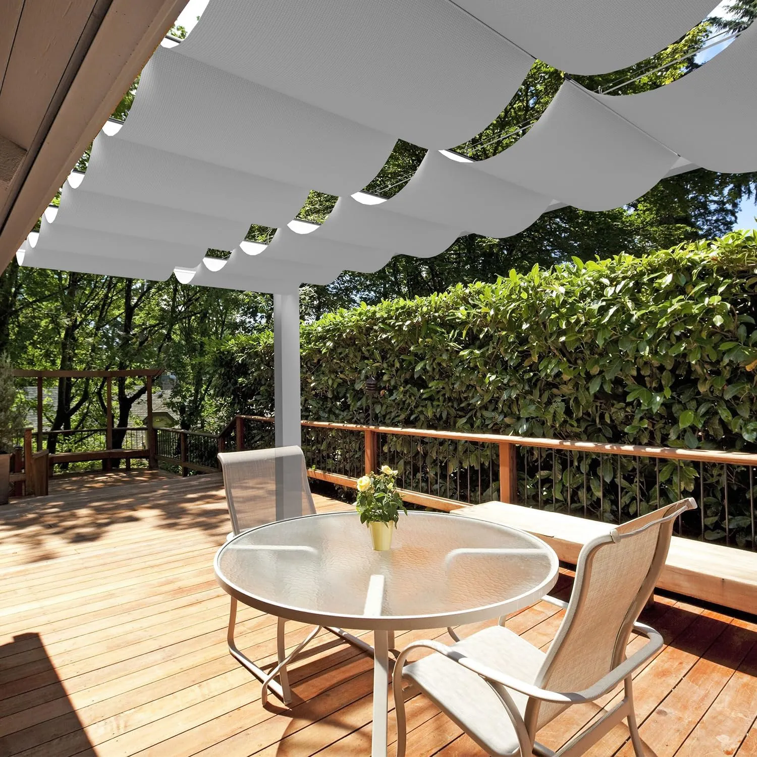 E&K 7'Wx18'L Waterproof Pergola Shade Cover Retractable Canopy Outdoor Wave Sun Shade for Patio Garden Backyard Deck Trellis (Light Gray)