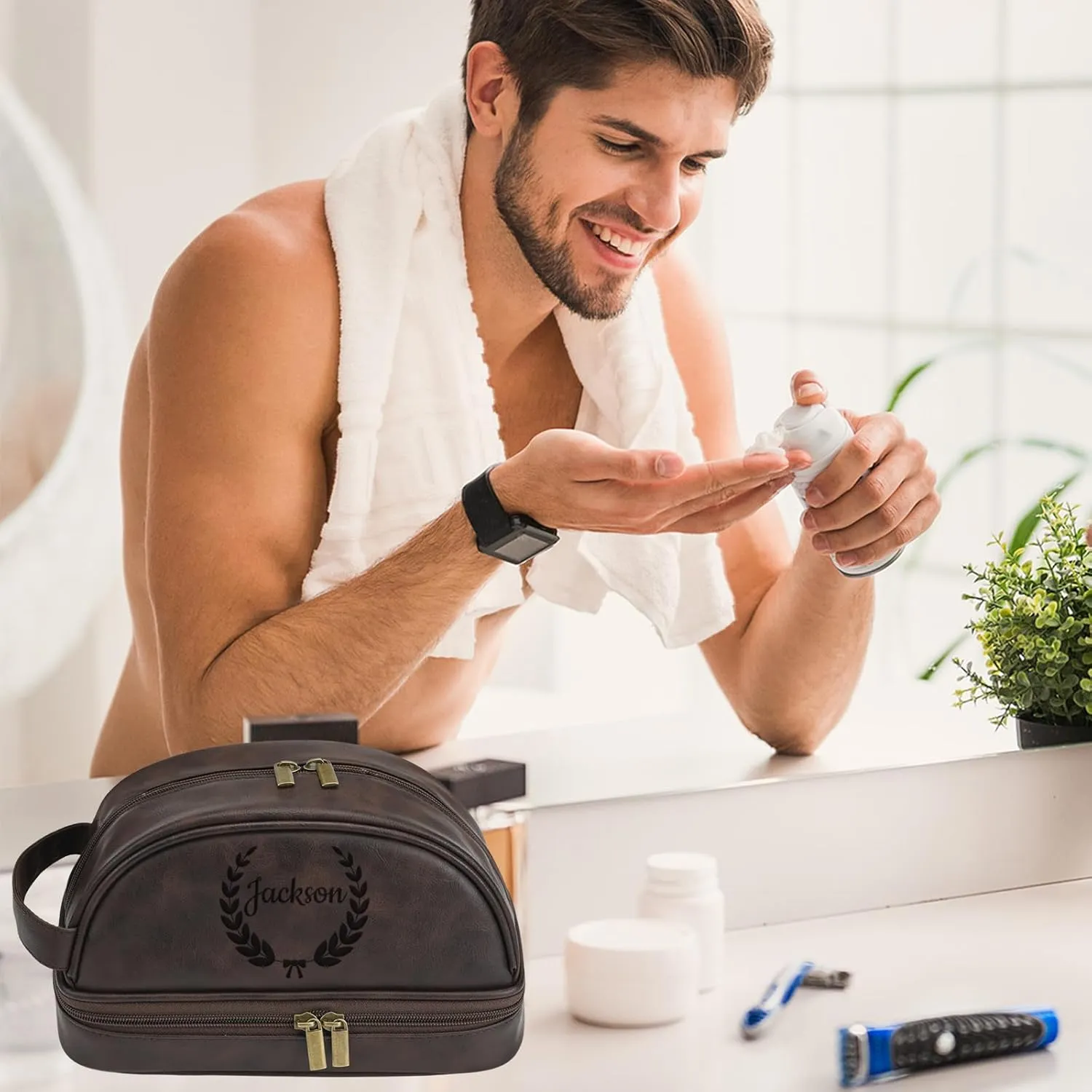 EAQ Personalized Toiletry Bag for Men, Personalized Leather Dopp Kits Customizable Travel Organizer Engraved Name/Logo for Husband, Boyfriend, Dad, Wedding, Anniversary, Gift