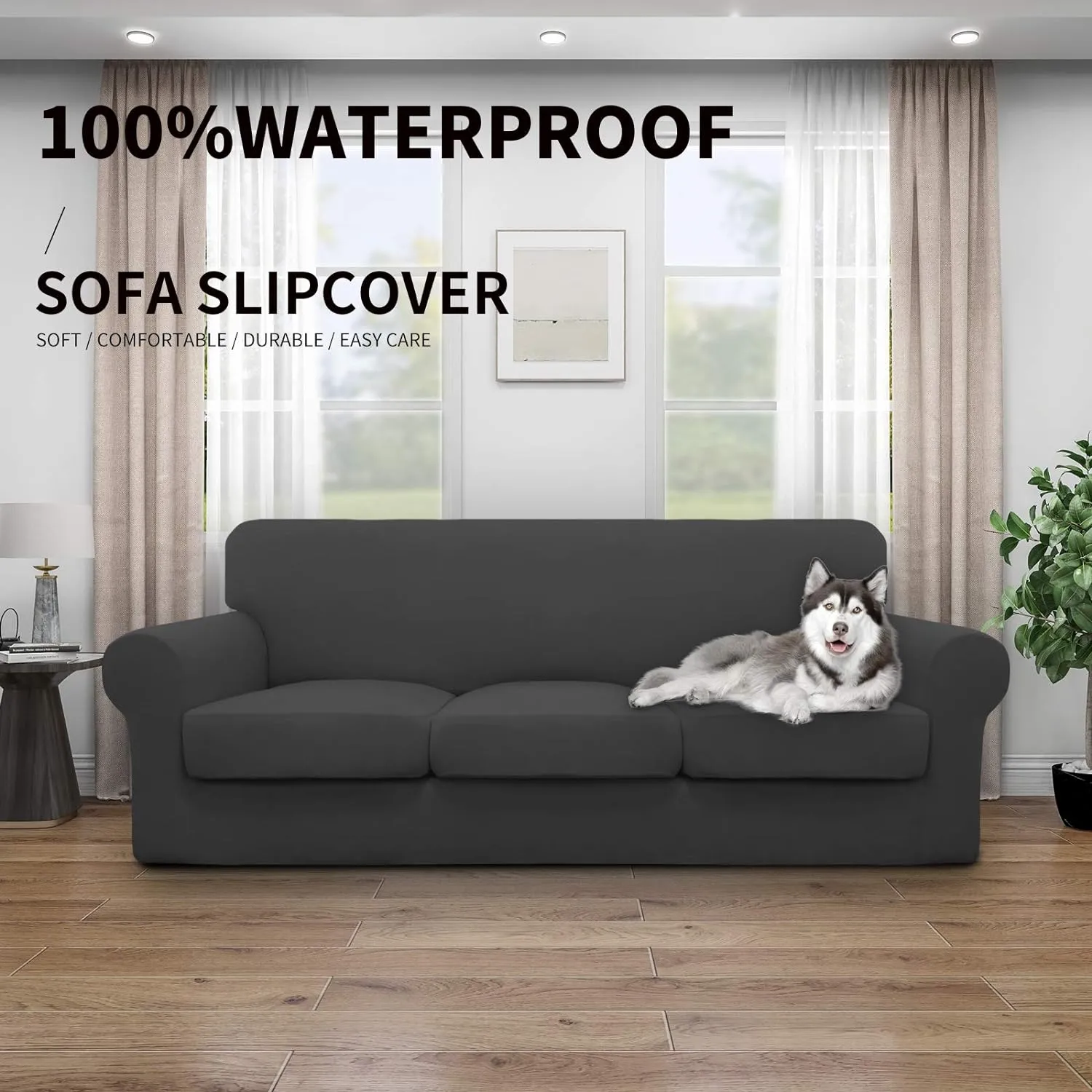 Easy-Going 100% Dual Waterproof 4 Pieces Stretch Soft Couch Cover for Dogs, Sofa Slipcover for 3 Separate Cushion Couch Leakproof Furniture Protector for Kids, Pets Dark Gray