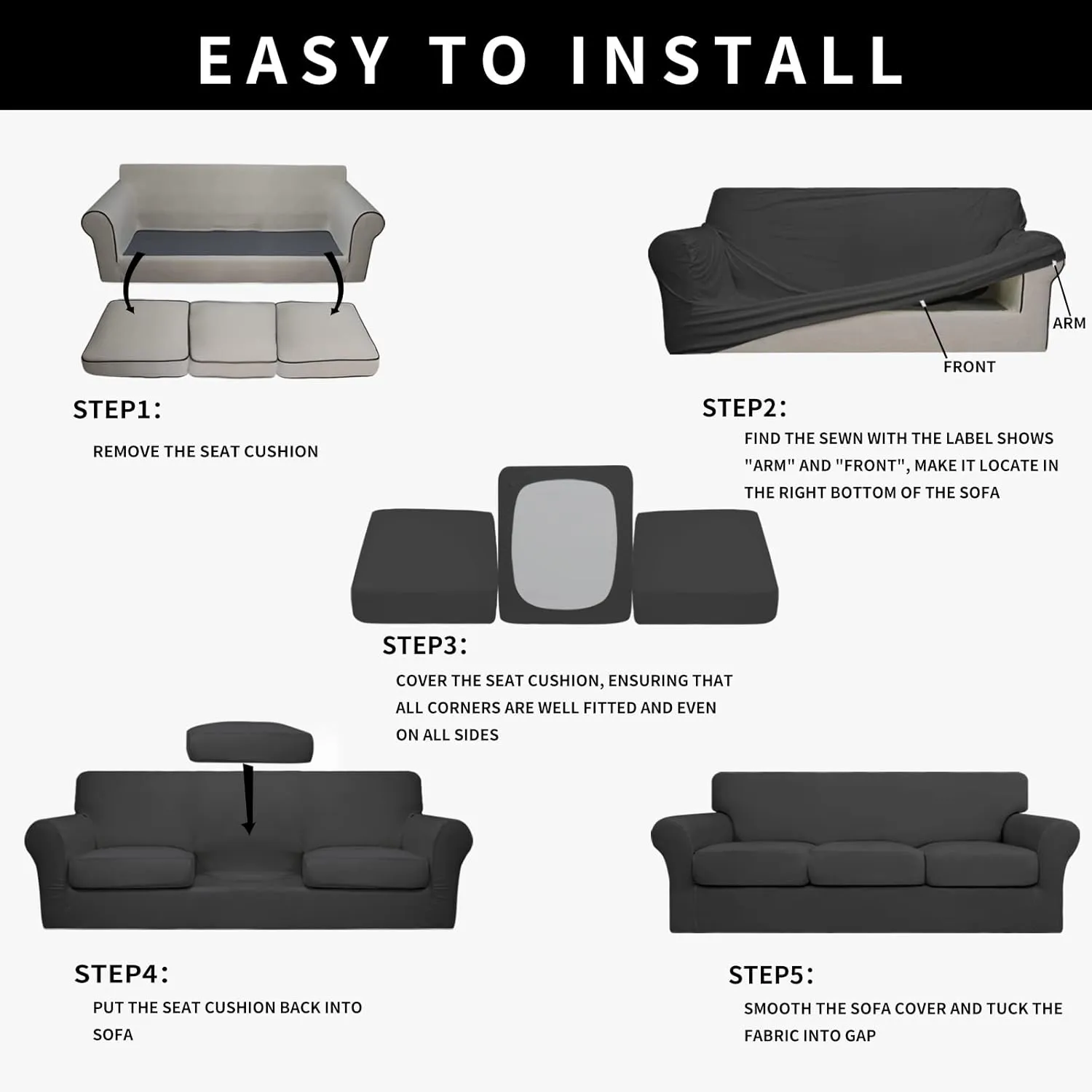 Easy-Going 100% Dual Waterproof 4 Pieces Stretch Soft Couch Cover for Dogs, Sofa Slipcover for 3 Separate Cushion Couch Leakproof Furniture Protector for Kids, Pets Dark Gray