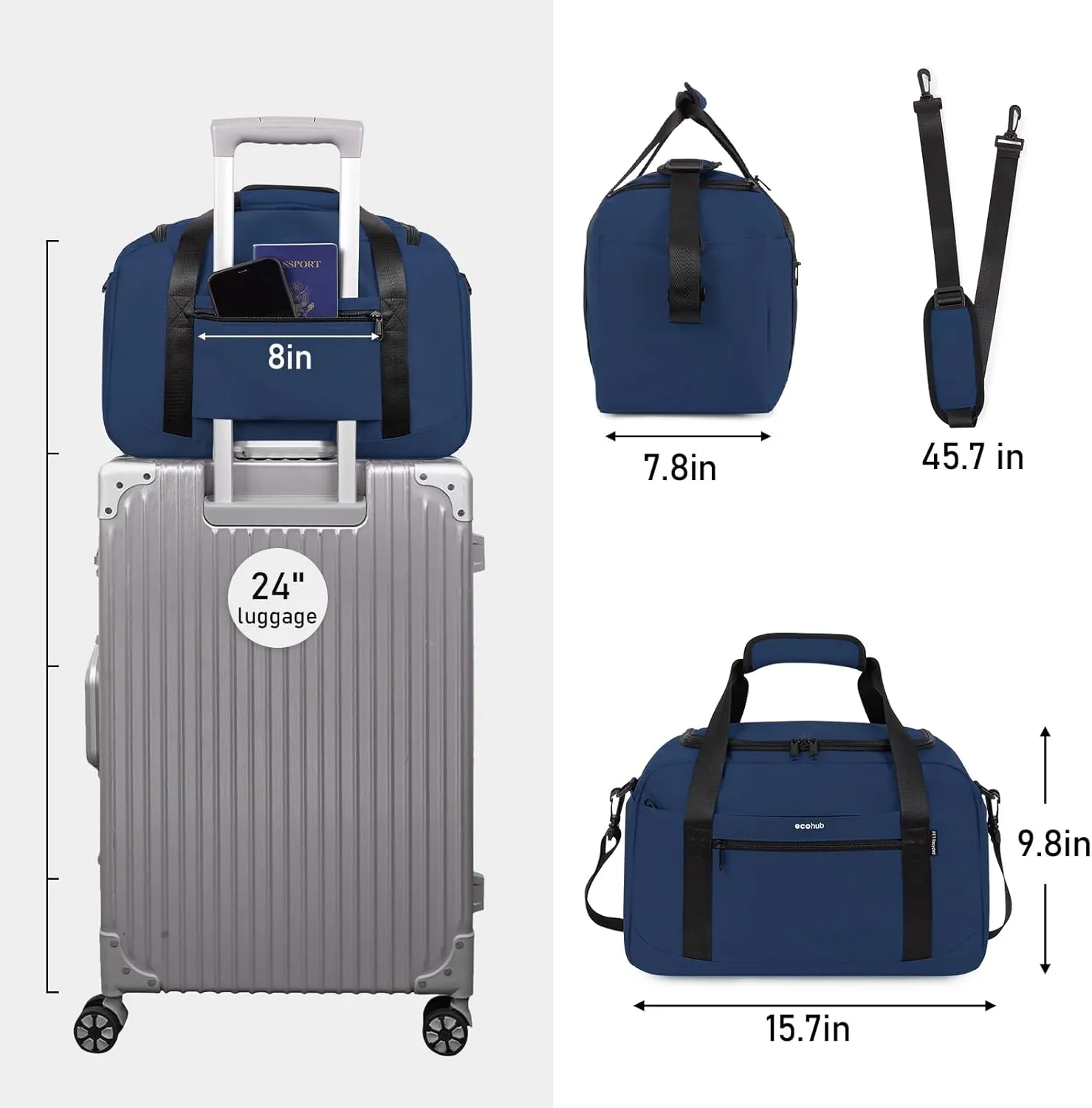 ECOHUB Personal Item 16'' Small Duffel Travel Weekender Gym Tote Overnight Bag - Travel Essentials for Women and Men, Shoulder Carry On Shoes Bag (Blue)