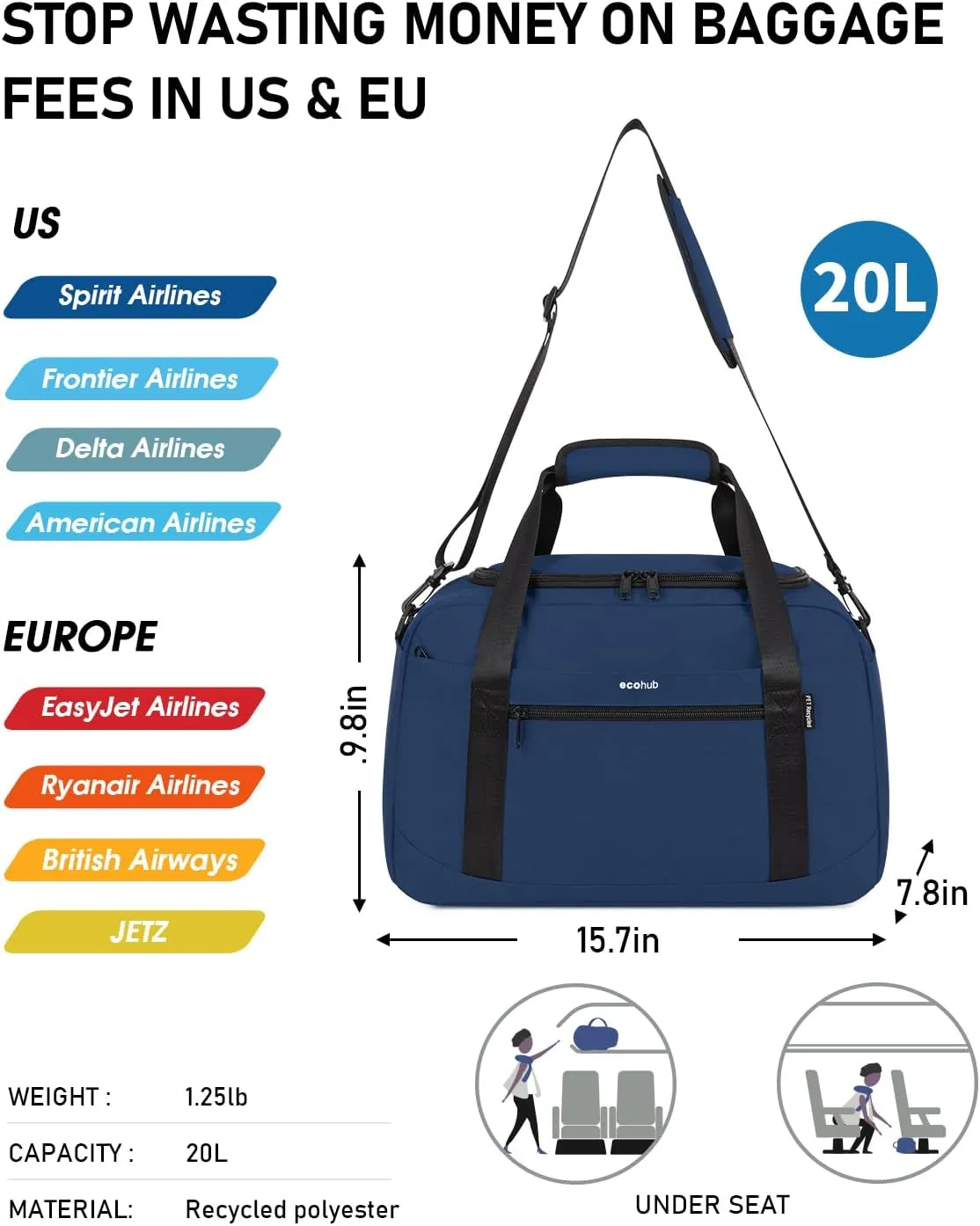 ECOHUB Personal Item 16'' Small Duffel Travel Weekender Gym Tote Overnight Bag - Travel Essentials for Women and Men, Shoulder Carry On Shoes Bag (Blue)