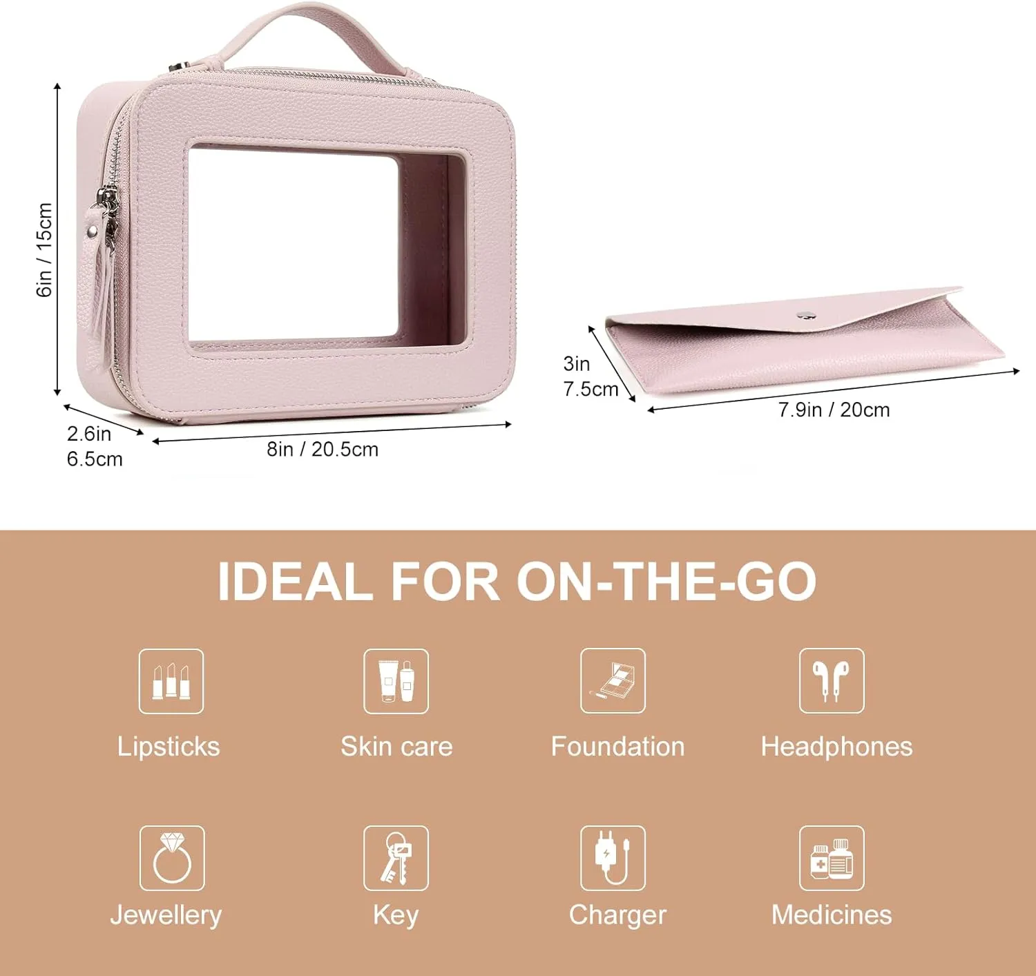 EcoVision Clear Makeup Bag, Travel Cosmetic Accessory Bag, Toiletry Organizer Bags for Women, Portable Waterproof Zipper Cosmetic Bag with Transparent Window