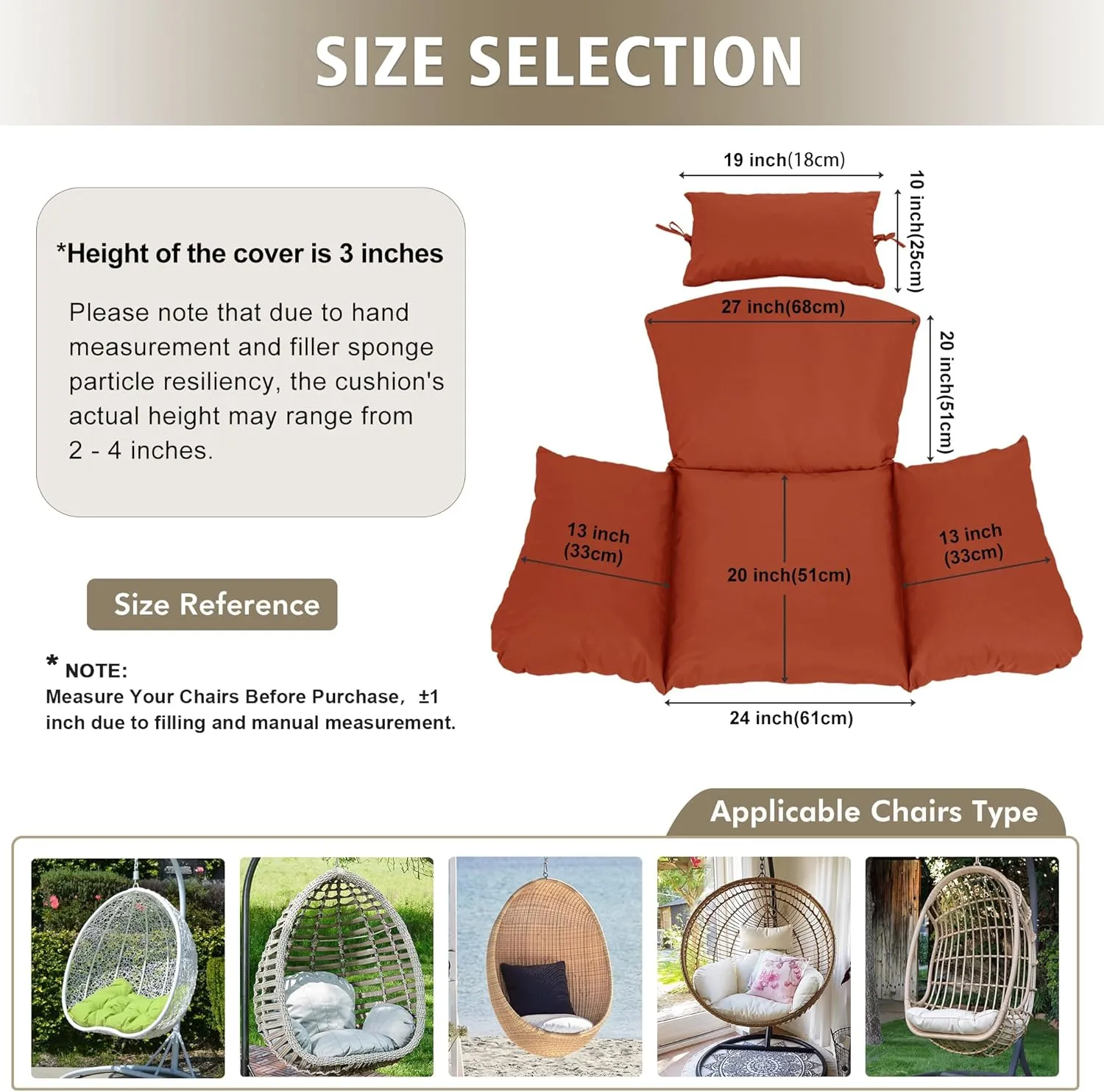 Egg Chair Cushion – Outdoor Hanging Chair Cushion, Replacement Cushions for Patio Swing, Waterproof, Fade- Resistant, Removable & Machine Washable Cover, Rust