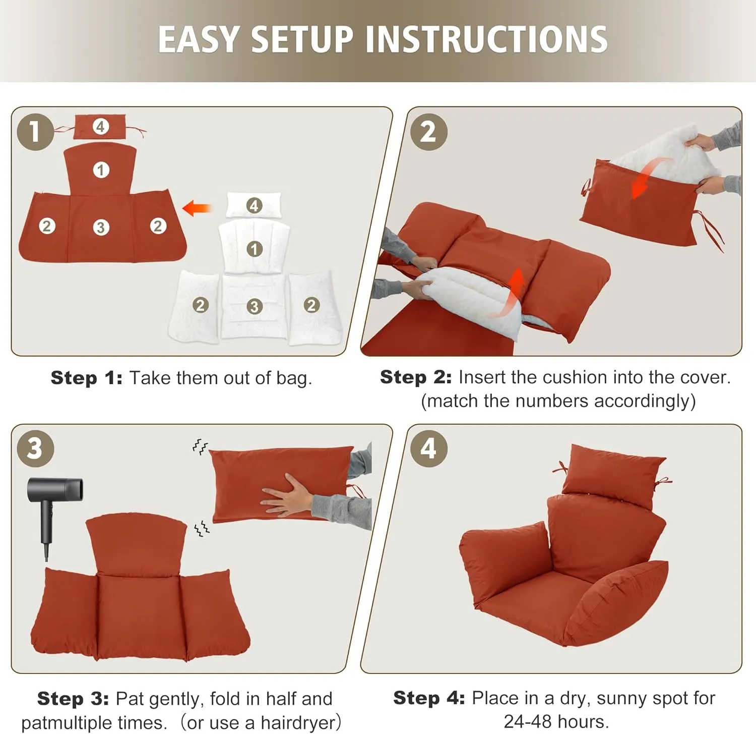 Egg Chair Cushion – Outdoor Hanging Chair Cushion, Replacement Cushions for Patio Swing, Waterproof, Fade- Resistant, Removable & Machine Washable Cover, Rust