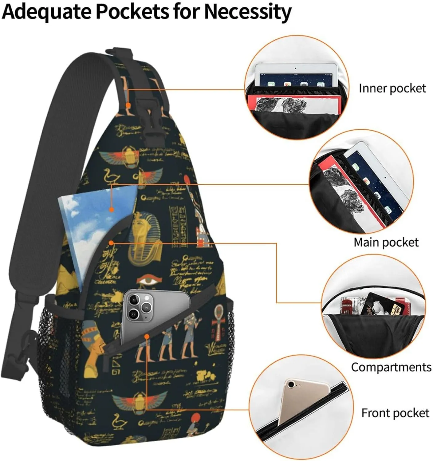 Egyptian Notes Crossbody Bag Hieroglyphs Shoulder Bag Backpack Ancient Egyptian Sling Bag Chest Casual Daypack