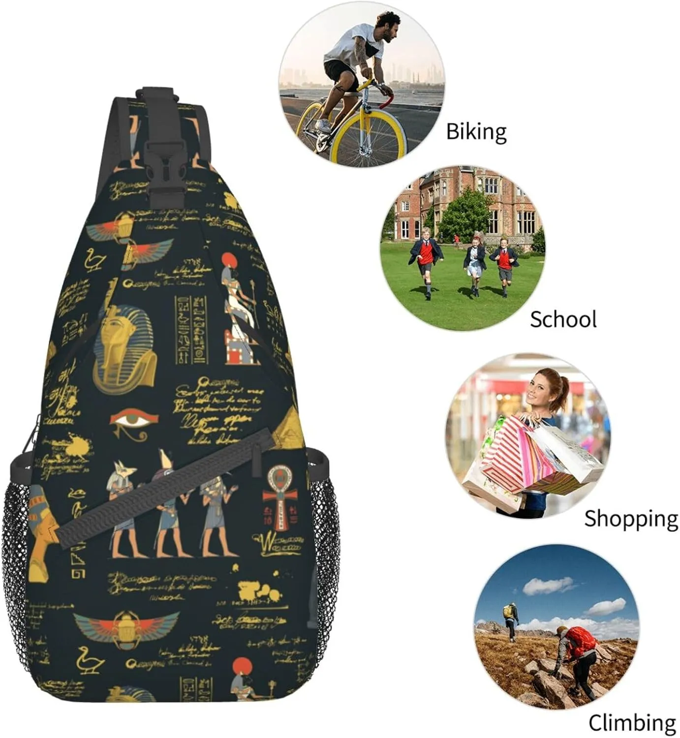 Egyptian Notes Crossbody Bag Hieroglyphs Shoulder Bag Backpack Ancient Egyptian Sling Bag Chest Casual Daypack