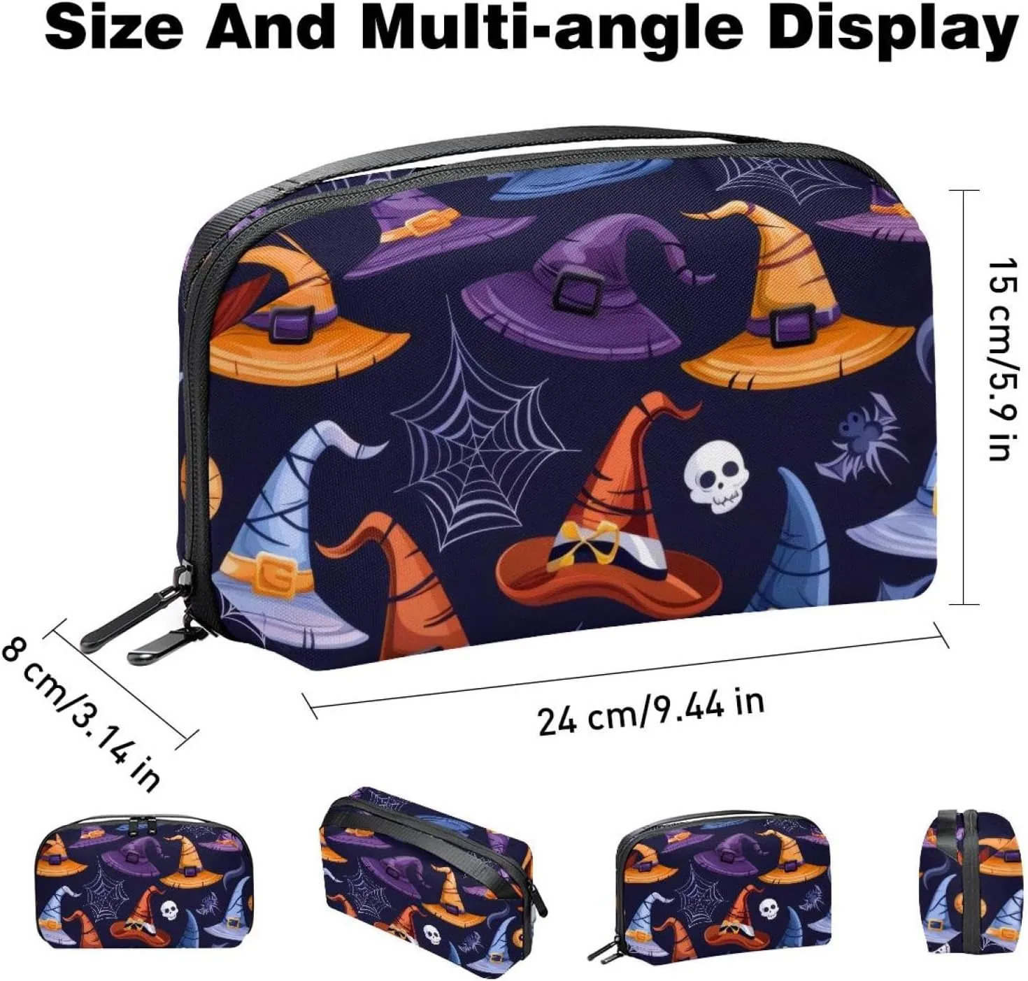 Electronics Organizer, Halloween Witch Hats with Eyeball and Skull Small Travel Cable Organizer Carrying Bag, Compact Tech Case Bag for Electronic Accessories, Cords, Charger, USB, Hard Drives