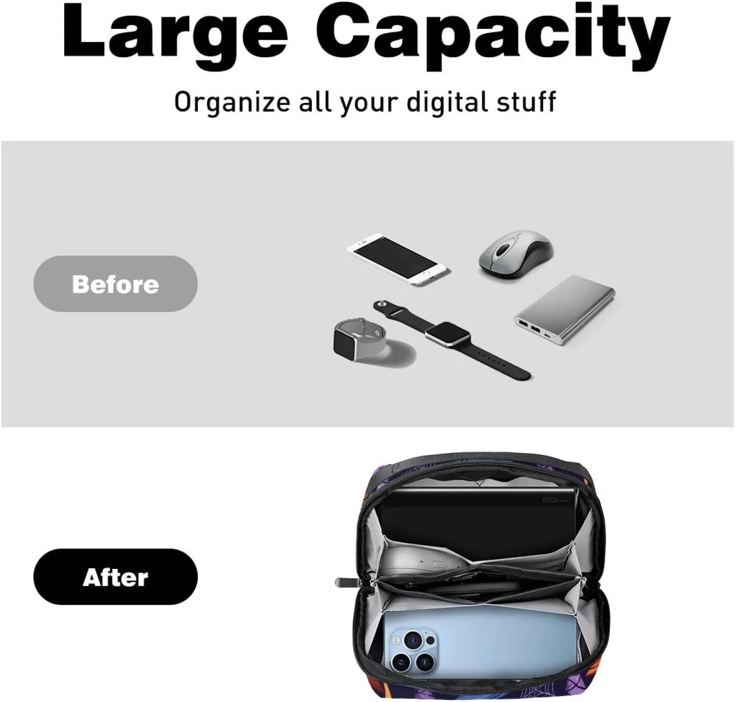 Electronics Organizer, Halloween Witch Hats with Eyeball and Skull Small Travel Cable Organizer Carrying Bag, Compact Tech Case Bag for Electronic Accessories, Cords, Charger, USB, Hard Drives