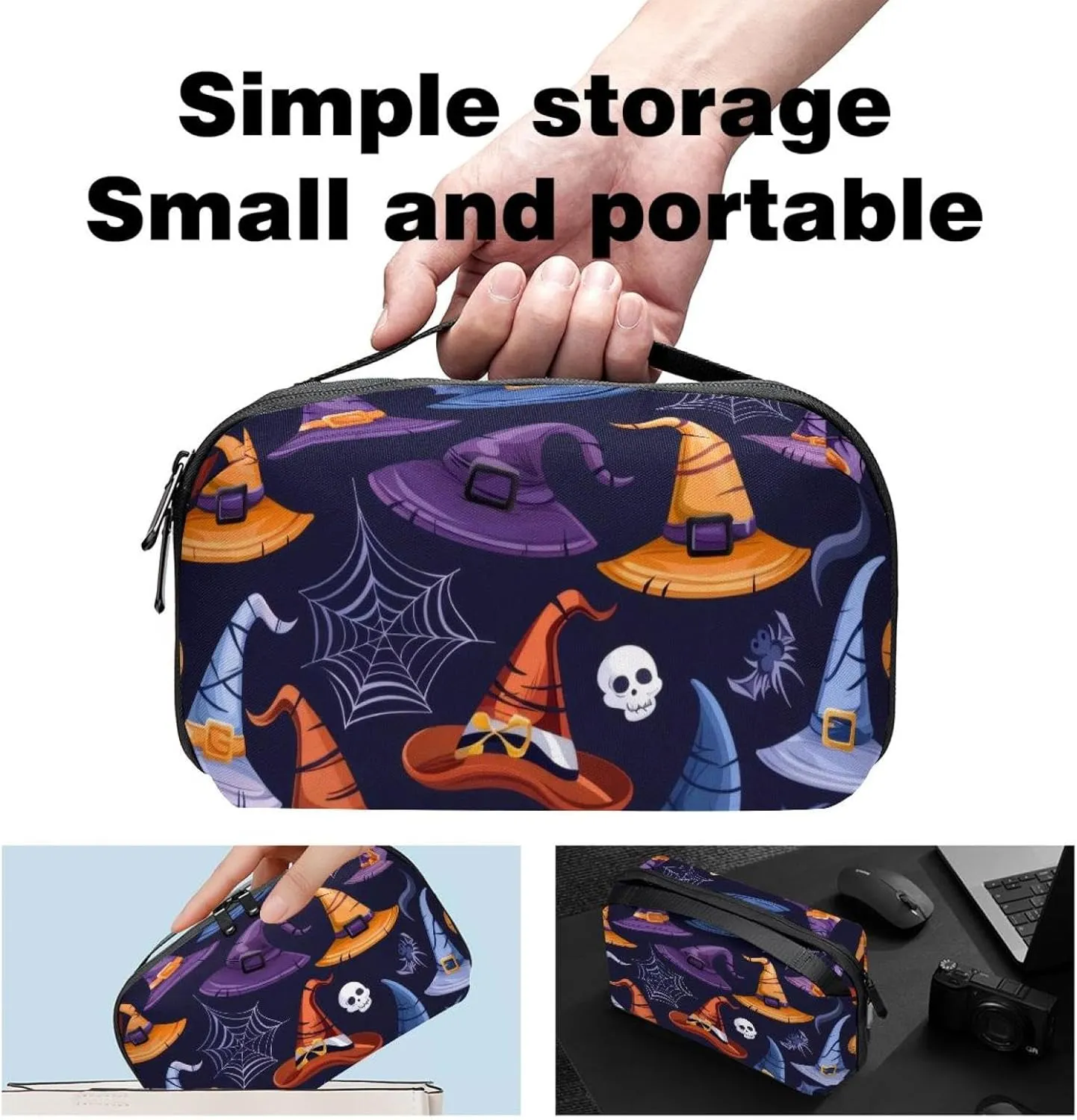 Electronics Organizer, Halloween Witch Hats with Eyeball and Skull Small Travel Cable Organizer Carrying Bag, Compact Tech Case Bag for Electronic Accessories, Cords, Charger, USB, Hard Drives
