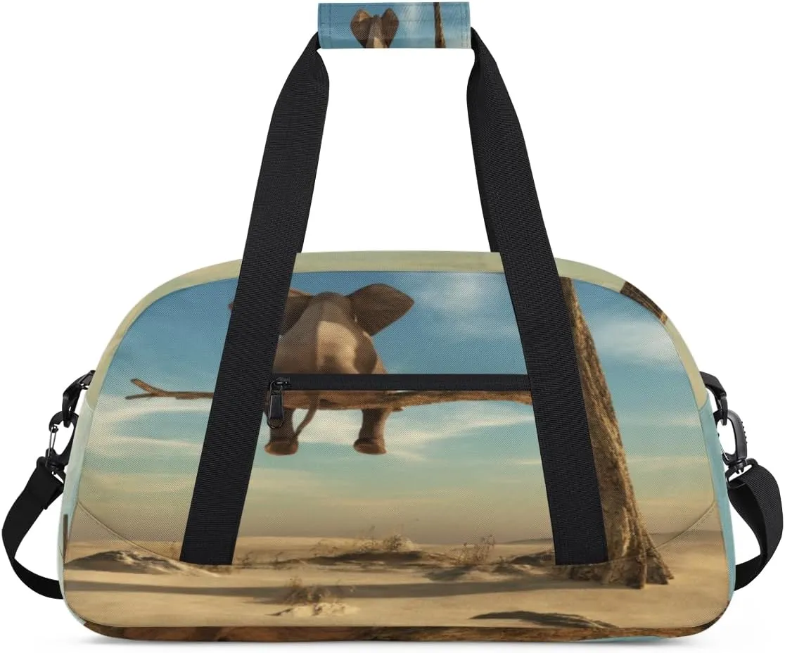 Elephant Sitting Tree Gym Duffel Bag for Men Women Desert Elephant Sports Tote Bag with Adjustable Shoulder Strap for Dance Gymnastics Traveling Outdoor Camping Overnight Stay