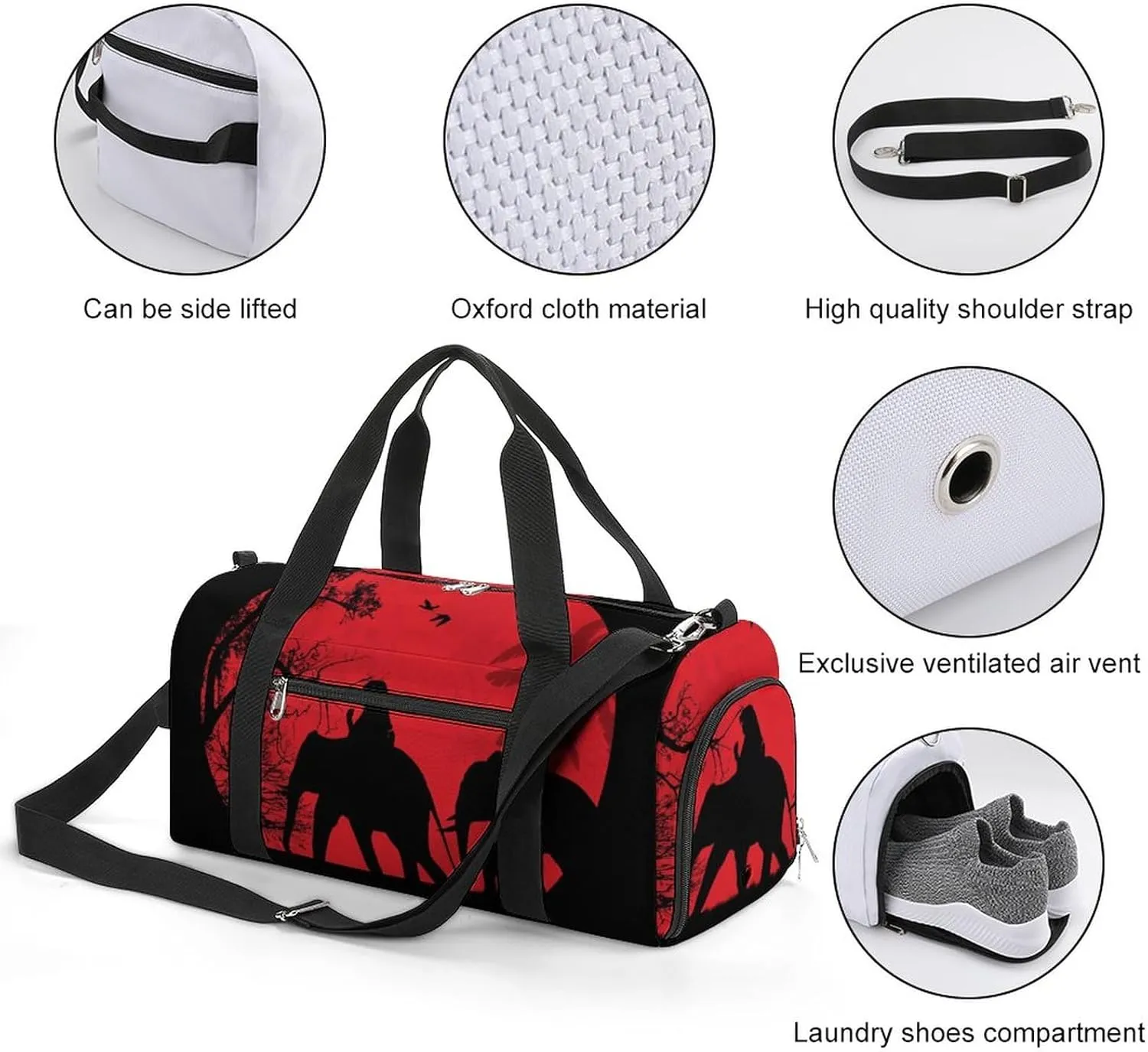 Elephants in Thailand Print Sports Tote Gym Bag for Women Men, Overnight Bag with Shoe Compartment Water Resistant