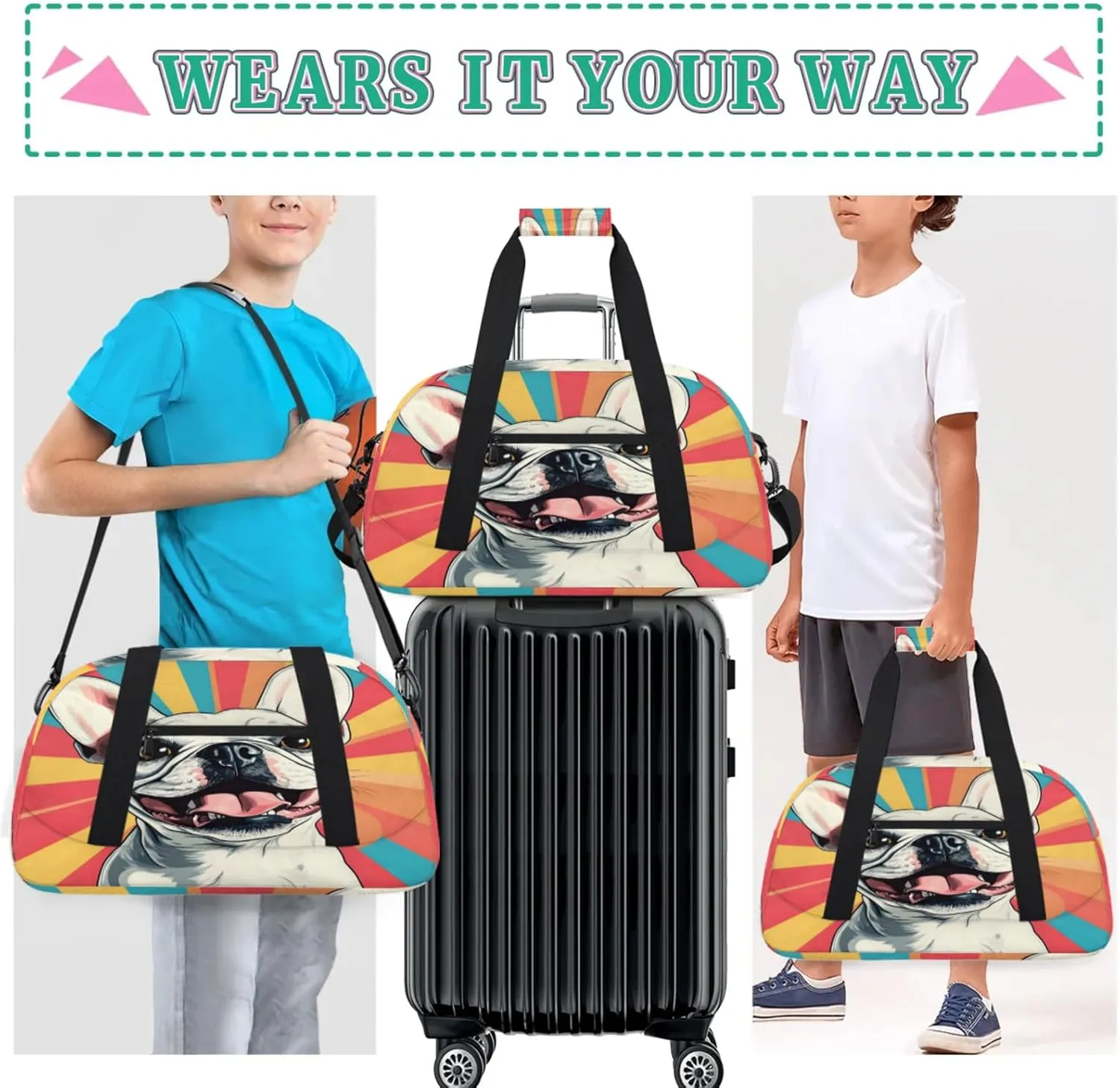 English Bulldog Dog Small Gym Bag for Women Men, Dog Travel Duffle Bag Workout Dance Tote Bag Carry On Overnight Weekender Bag