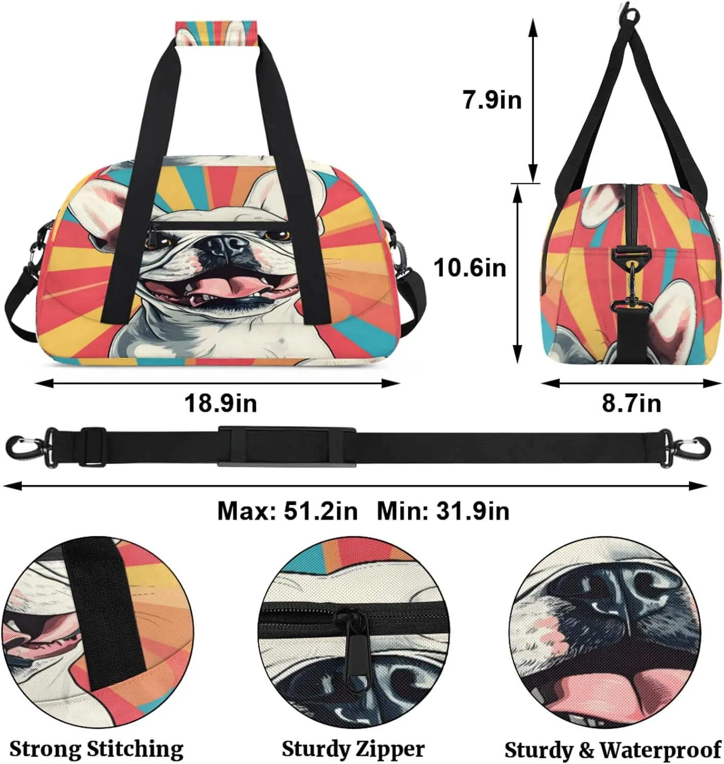 English Bulldog Dog Small Gym Bag for Women Men, Dog Travel Duffle Bag Workout Dance Tote Bag Carry On Overnight Weekender Bag