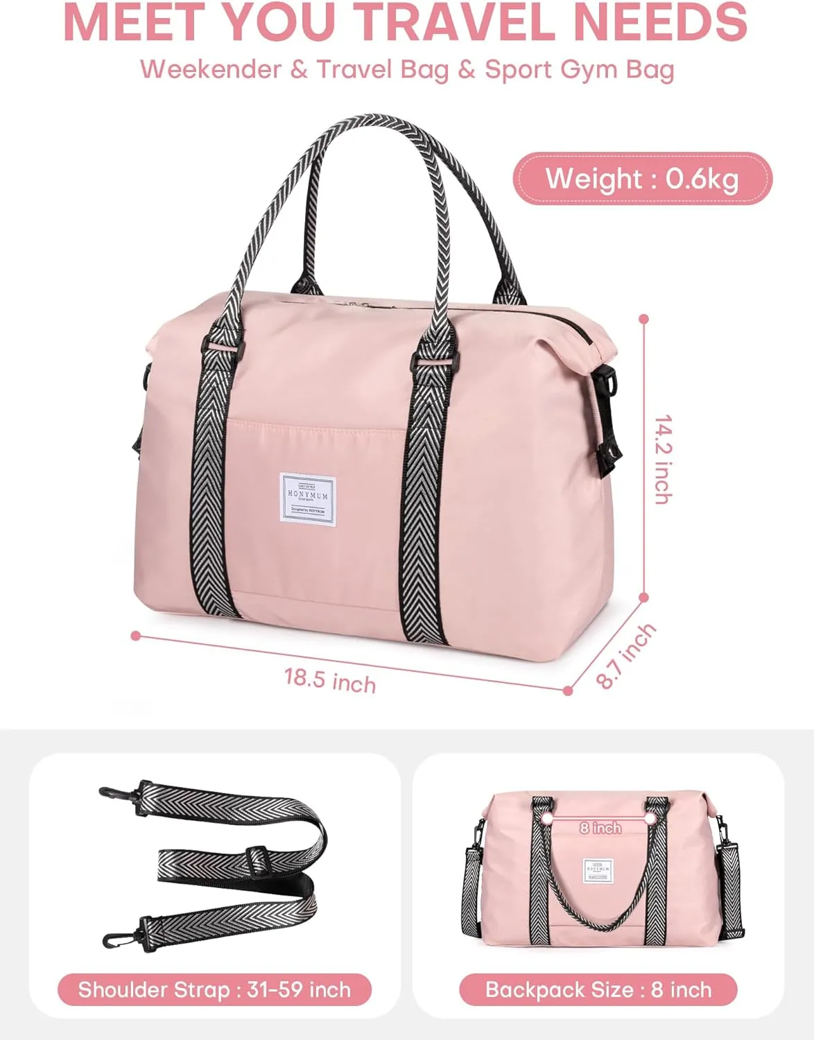 ESMNONA Duffle Bag for Travel, Travel Bags for Women with Multi Pocket Dry Wet Separated Design, 18x14x8 Inches Travel Bag with Toiletry Bag for Airplane Travel, Trip, Gym, Labor And Delivery, Pink