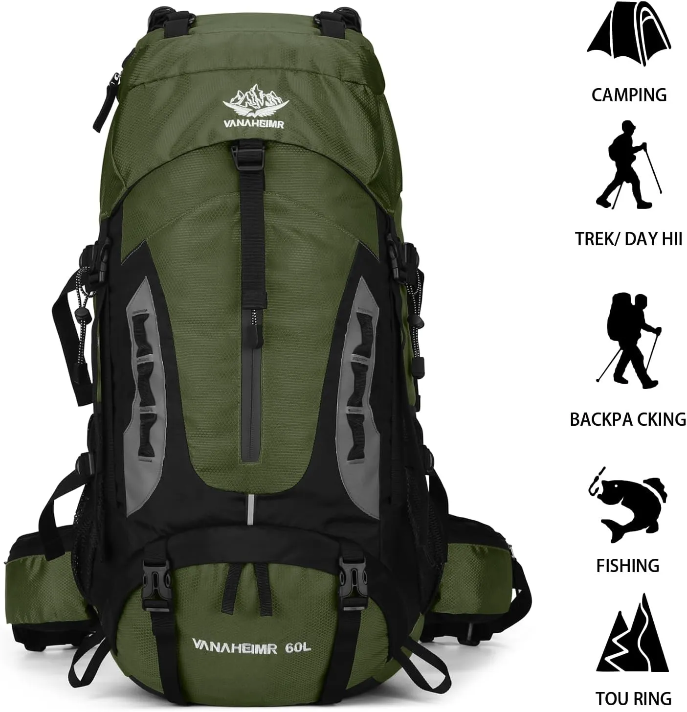 Esup 60L Hiking Backpack Men Camping Backpack with rain cover Lightweight Backpacking Backpack Travel Backpack (Army Green)