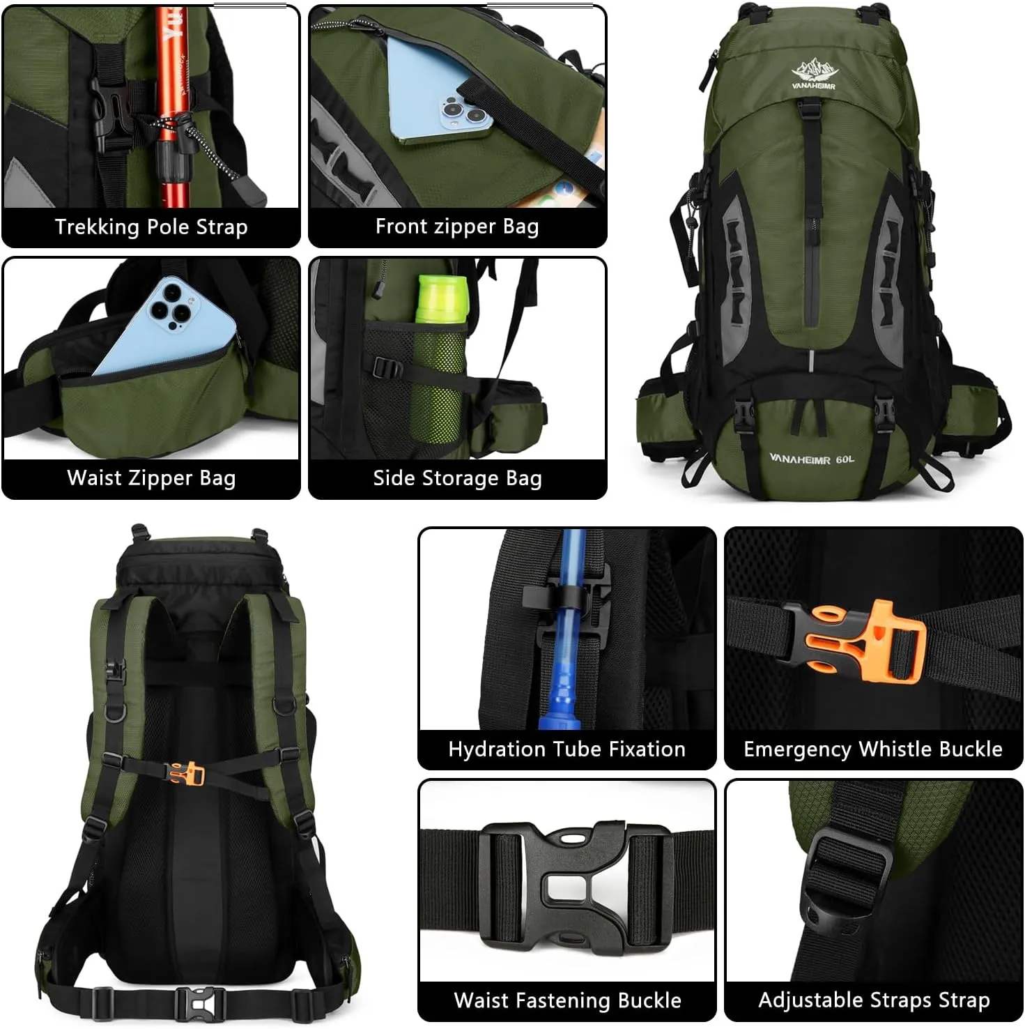 Esup 60L Hiking Backpack Men Camping Backpack with rain cover Lightweight Backpacking Backpack Travel Backpack (Army Green)