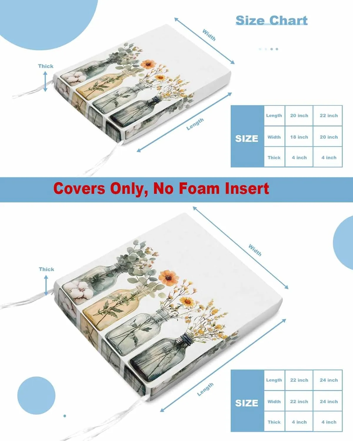 Eucalyptus Flower Outdoor Cushion Chair Cover Set of 4 - Waterproof Couch Seat Covers, Orange Floral Sage Green Leaf Daisy Patio Furniture Protector Cushions Slipcovers for Sofa/RV, 22"x20"x4"