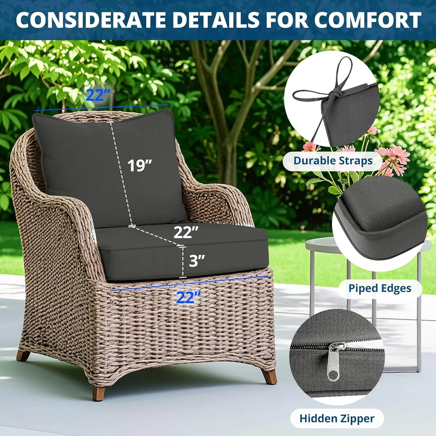 Fabuday Outdoor Chair Cushions Set - 22 x 22 Inch Waterproof & Fade Resistant Patio Furniture with Removable Cover Deep Seat & Back Pillow with Ties Replacement for Sunbrella Outside Sofa Couch Gray