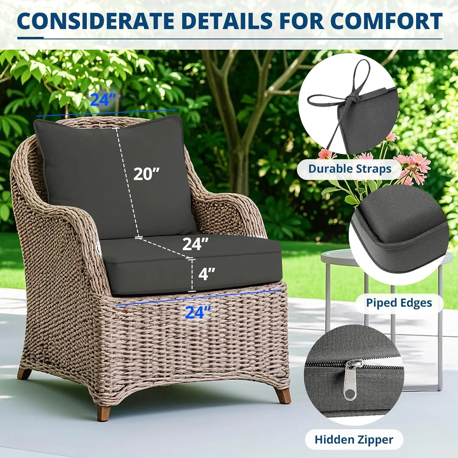 Fabuday Outdoor Chair Cushions Set - 24 x 24 Inch Waterproof & Fade Resistant Patio Furniture with Removable Cover Deep Seat & Back Pillow with Ties Replacement for Sunbrella Outside Sofa Couch Gray