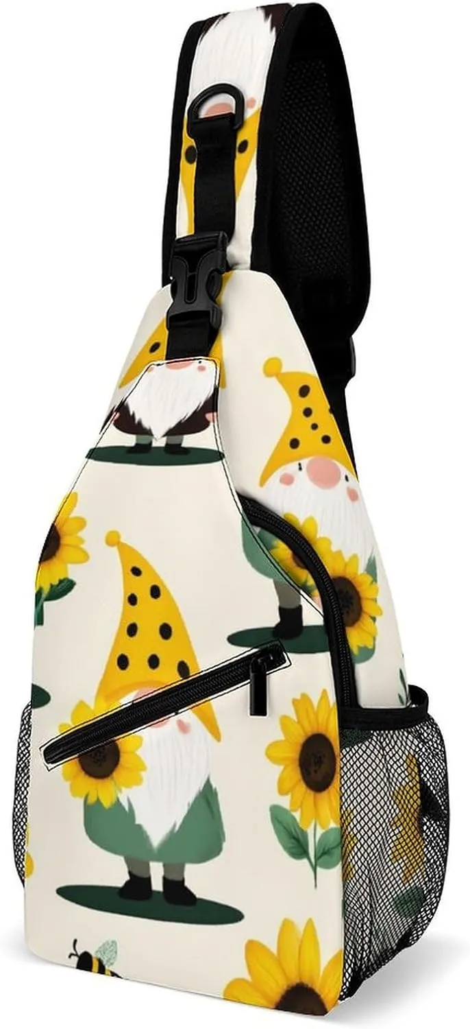 Fashion Gnomes Bees And Sunflowers Adjustable Chest Bag, Durable Large Capacity with Pockets and Buckles Sling Bag Shoulder Bags Crossbody Backpack for Women Men