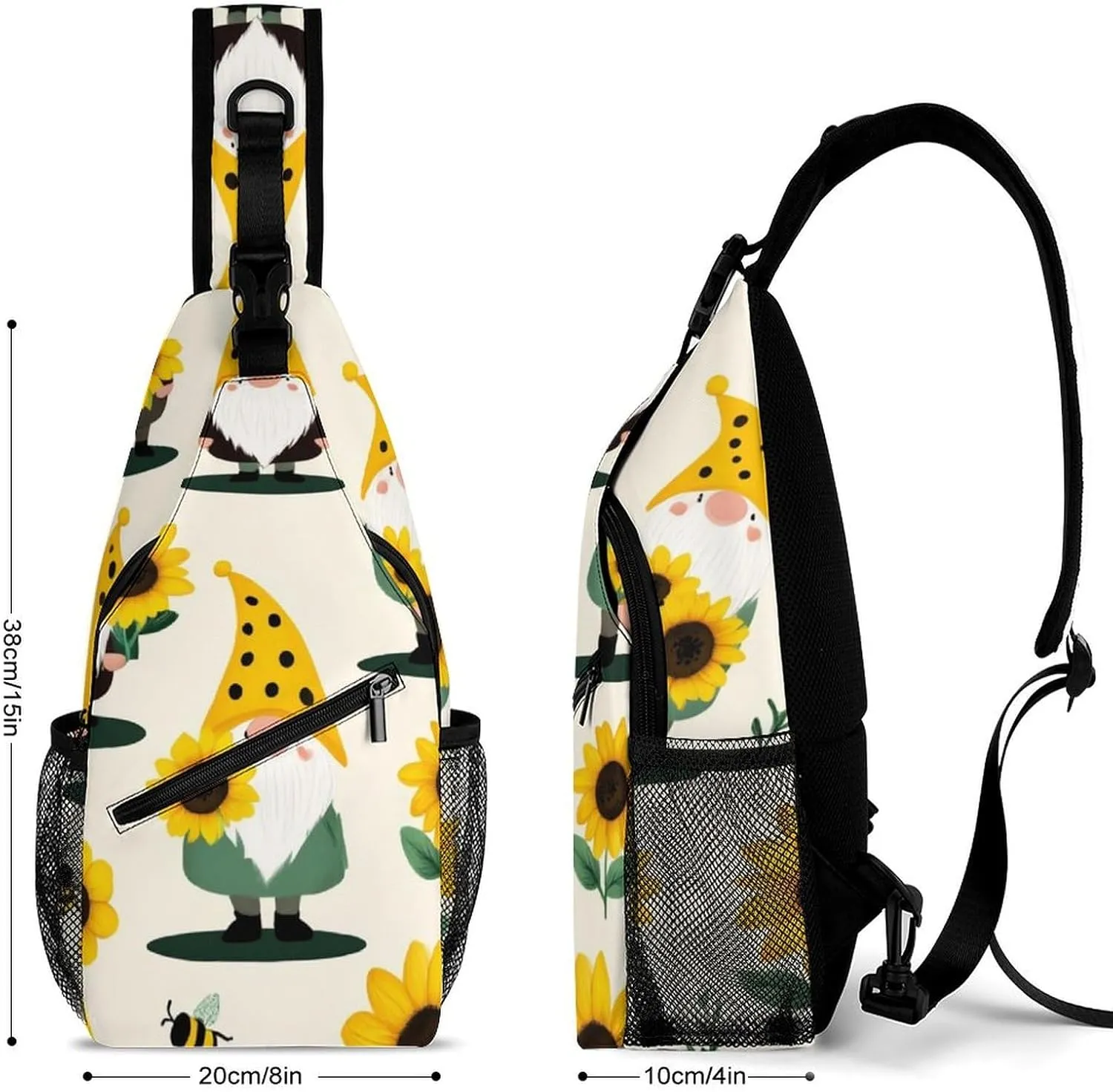 Fashion Gnomes Bees And Sunflowers Adjustable Chest Bag, Durable Large Capacity with Pockets and Buckles Sling Bag Shoulder Bags Crossbody Backpack for Women Men