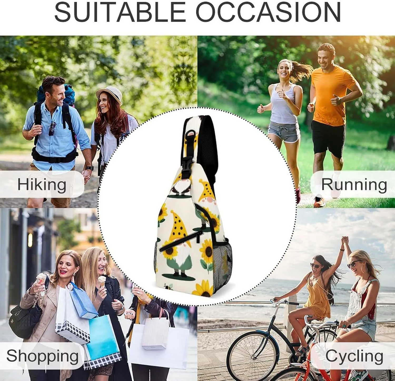 Fashion Gnomes Bees And Sunflowers Adjustable Chest Bag, Durable Large Capacity with Pockets and Buckles Sling Bag Shoulder Bags Crossbody Backpack for Women Men