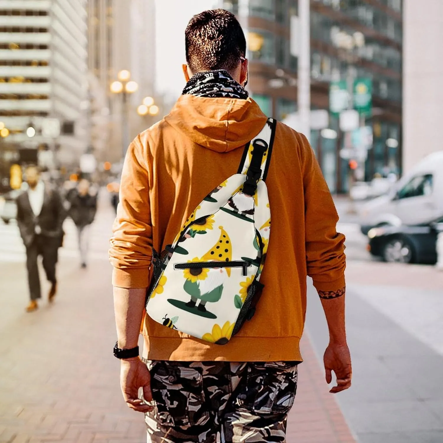Fashion Gnomes Bees And Sunflowers Adjustable Chest Bag, Durable Large Capacity with Pockets and Buckles Sling Bag Shoulder Bags Crossbody Backpack for Women Men