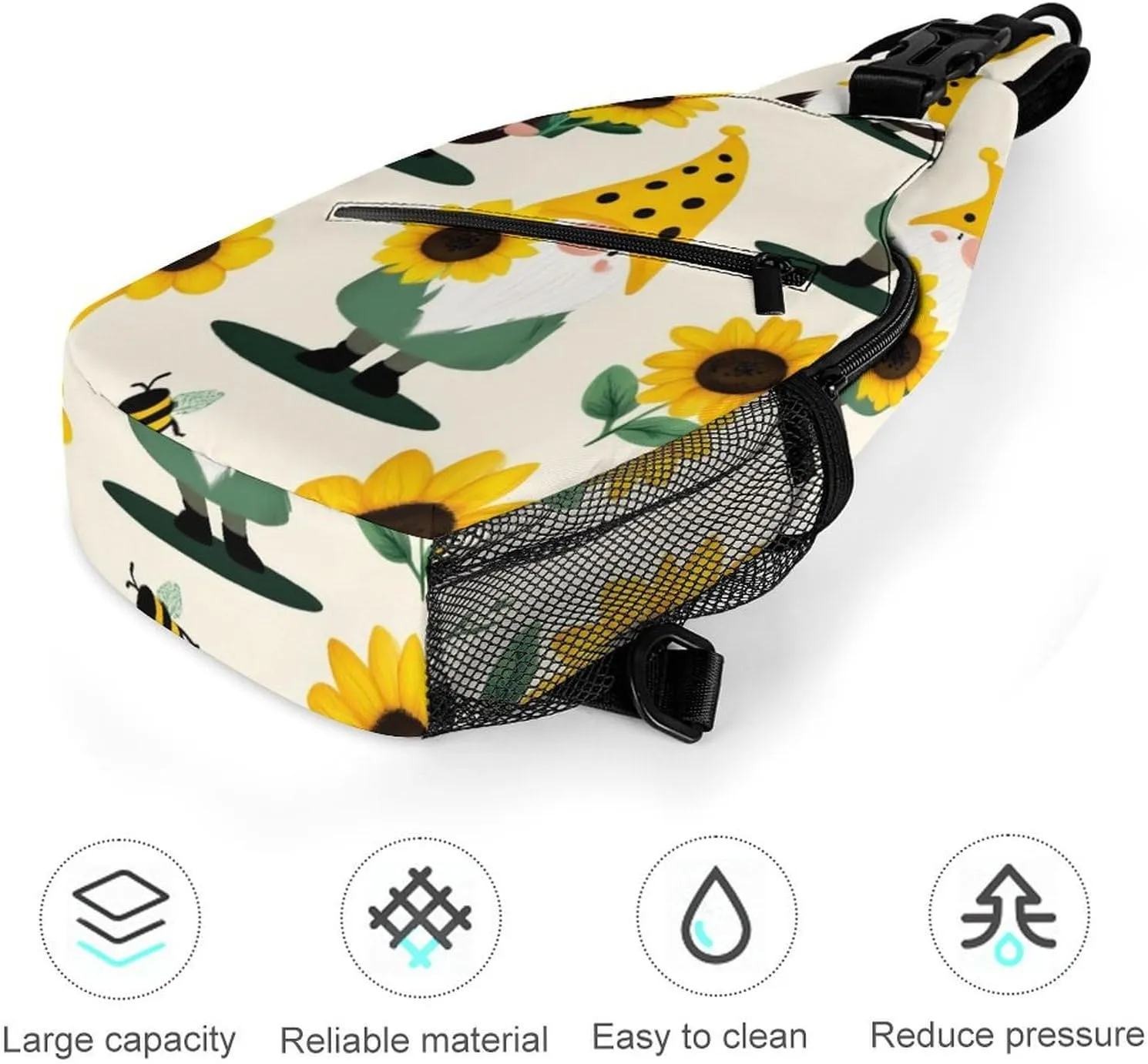 Fashion Gnomes Bees And Sunflowers Adjustable Chest Bag, Durable Large Capacity with Pockets and Buckles Sling Bag Shoulder Bags Crossbody Backpack for Women Men
