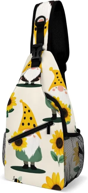Fashion Gnomes Bees And Sunflowers Adjustable Chest Bag, Durable Large Capacity with Pockets and Buckles Sling Bag Shoulder Bags Crossbody Backpack for Women Men