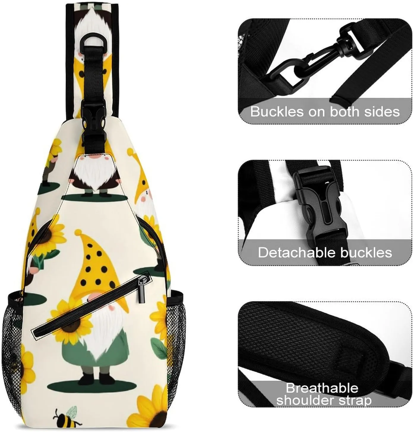 Fashion Gnomes Bees And Sunflowers Adjustable Chest Bag, Durable Large Capacity with Pockets and Buckles Sling Bag Shoulder Bags Crossbody Backpack for Women Men