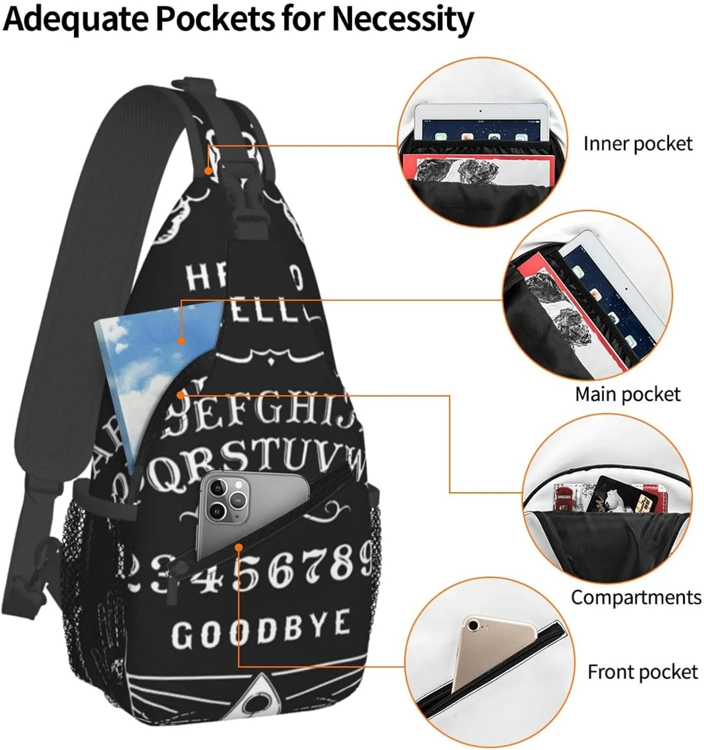 Fashion Sling Shoulder Backpack Outdoor Sports Daypack for Skeleton Spirit Board Tattoo Black, Mens Crossbody Backpack for Daily Outdoor