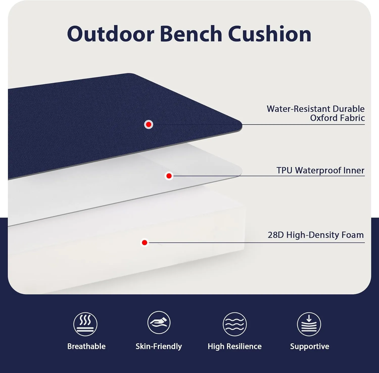 Favoyard Outdoor Bench Cushion 42 x 18 Inch Waterproof Patio Furniture Cushions 3-Year Color Fastness Garden Sofa Settee Couch Swing Pads with Handle and Adjustable Straps, Blue