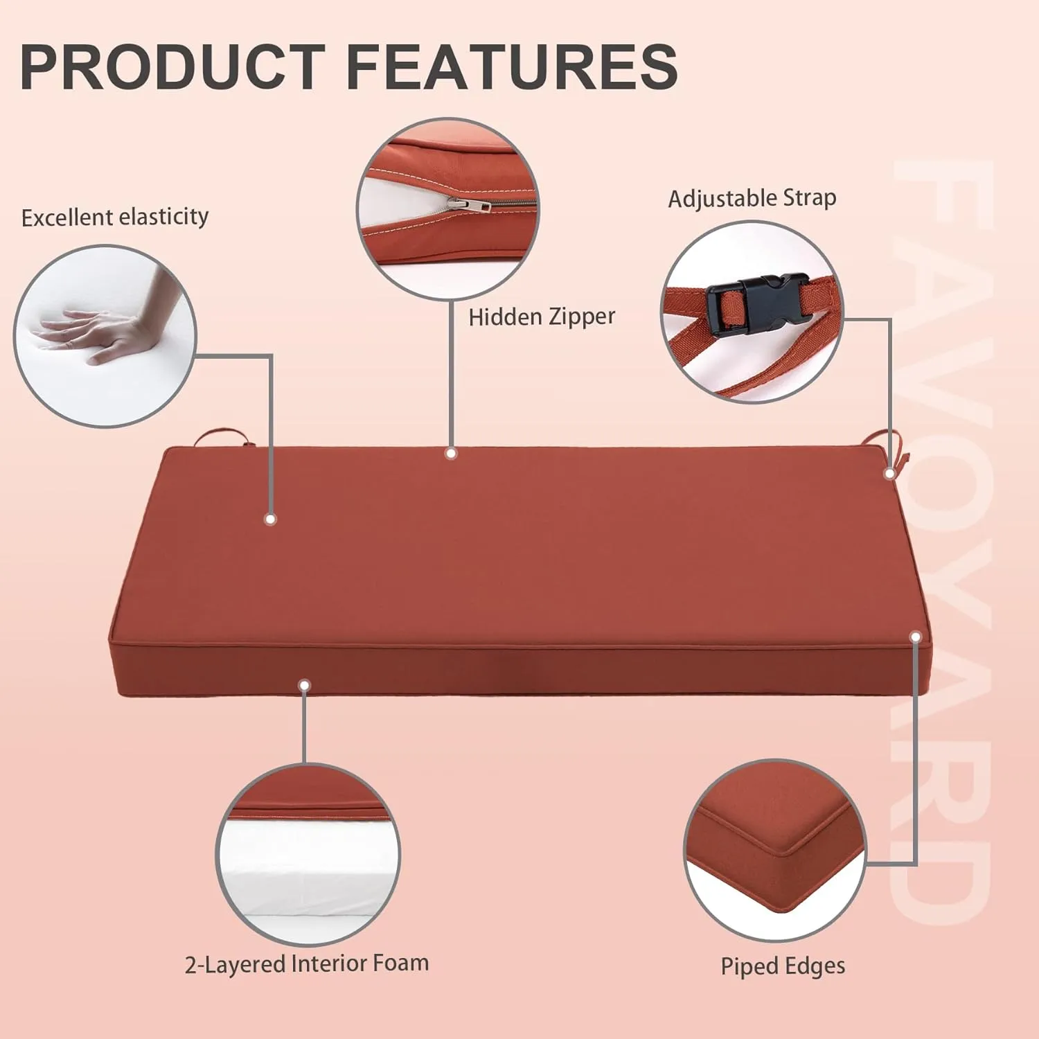 Favoyard Outdoor Bench Cushion 42 x 18 Inch Waterproof Patio Furniture Cushions 3-Year Color Fastness Garden Sofa Settee Couch Swing Pads with Handle and Adjustable Straps, Spice