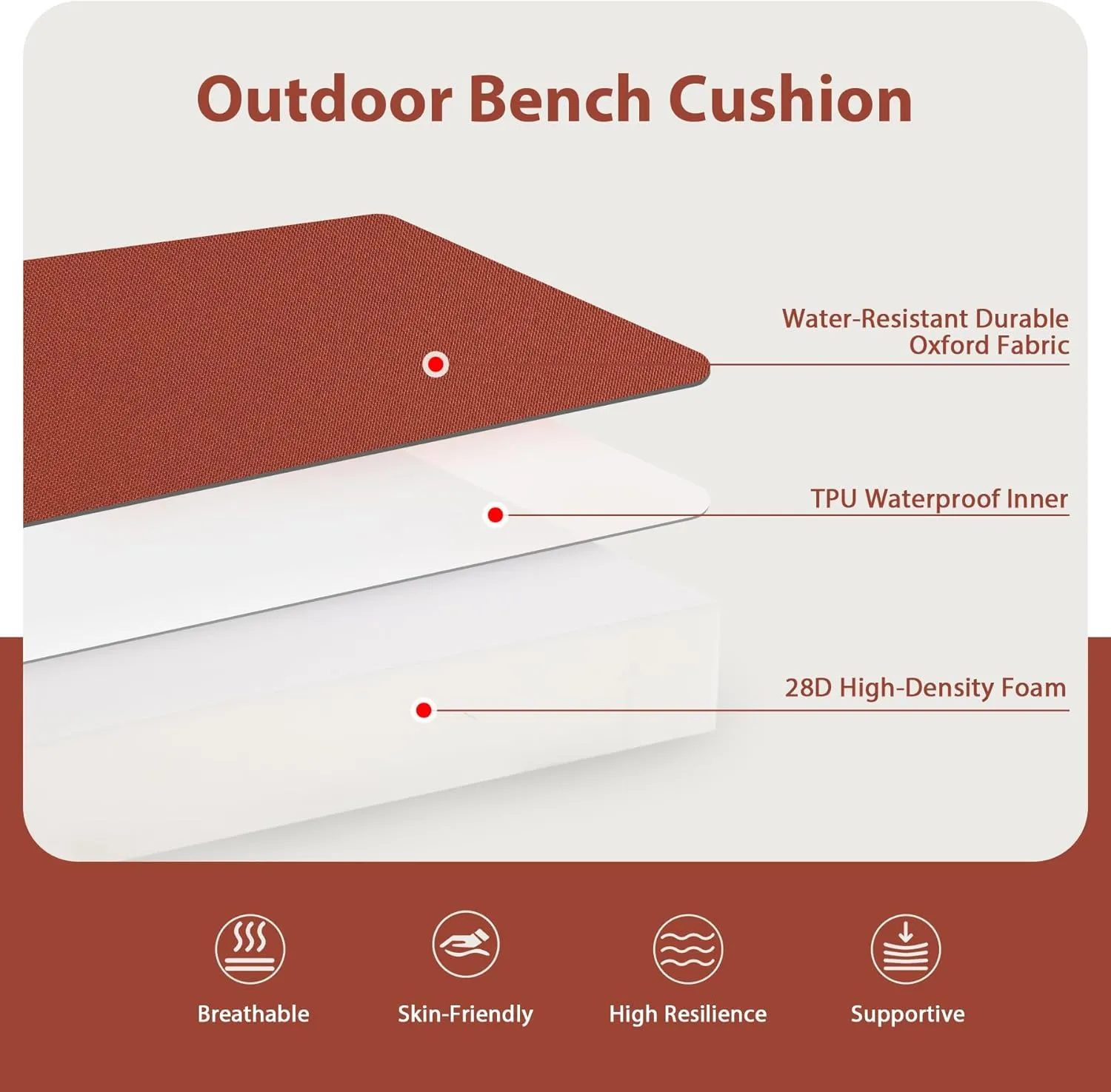 Favoyard Outdoor Bench Cushion 42 x 18 Inch Waterproof Patio Furniture Cushions 3-Year Color Fastness Garden Sofa Settee Couch Swing Pads with Handle and Adjustable Straps, Spice