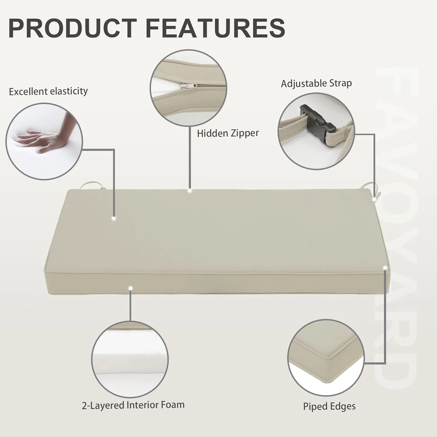 Favoyard Outdoor Bench Cushion 48 x 18 Inch Waterproof Patio Furniture Cushions 3-Year Color Fastness Garden Sofa Settee Couch Swing Pads with Handle and Adjustable Straps, Beige