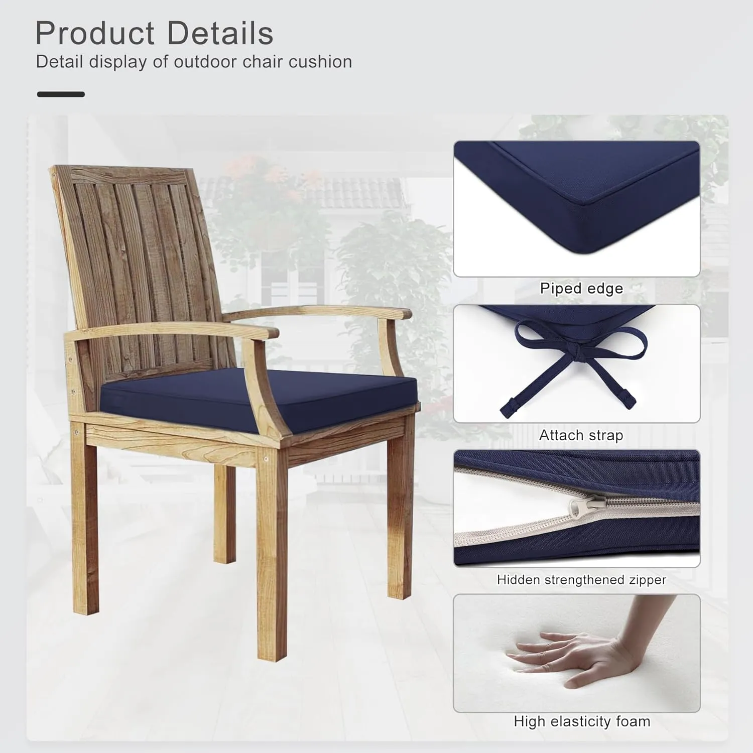 Favoyard Outdoor Chair Cushions 19"W x 19"D x 2"T Set of 4 Patio Chairs Cushions 3-Year Fade Resistant & Waterproof Cushions for Outdoor Furniture with Hidden Zipper, Attach Straps for Dining Chairs