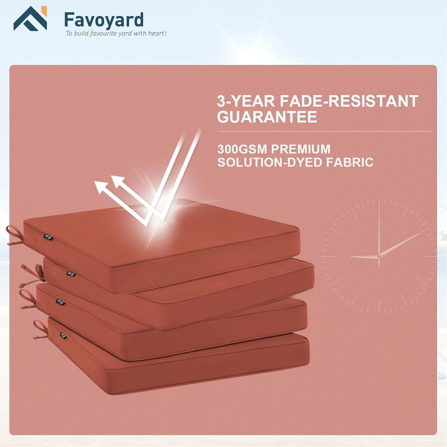 Favoyard Outdoor Chair Cushions 19"W x 19"D x 2"T Set of 4 Patio Chairs Cushions 3-Year Fade Resistant & Waterproof Cushions for Outdoor Furniture with Hidden Zipper, Attach Straps for Dining Chairs