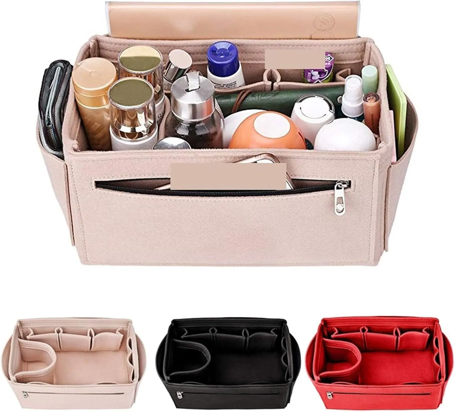 Felt Insert Bag Make Up Organizer Felt Cloth Handbag Organizer Insert Bag Travel Inner Purse Portable Cosmetic Bags(Beige,M 30x16x16cm)