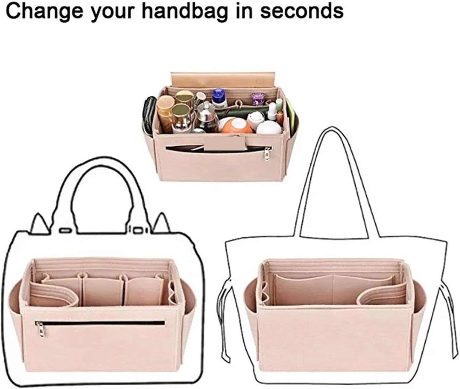 Felt Insert Bag Make Up Organizer Felt Cloth Handbag Organizer Insert Bag Travel Inner Purse Portable Cosmetic Bags(Beige,M 30x16x16cm)