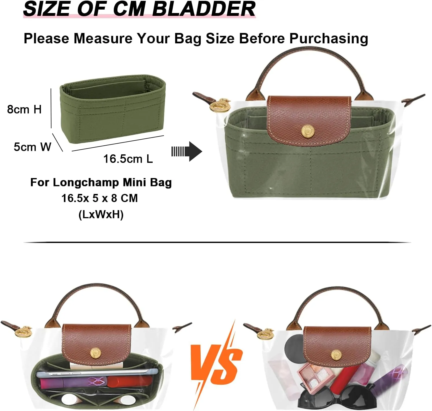 Felt Mini Organizer Insert for Longchamp mini XS Bag,Purse Organizer Insert For Handbag (Green)