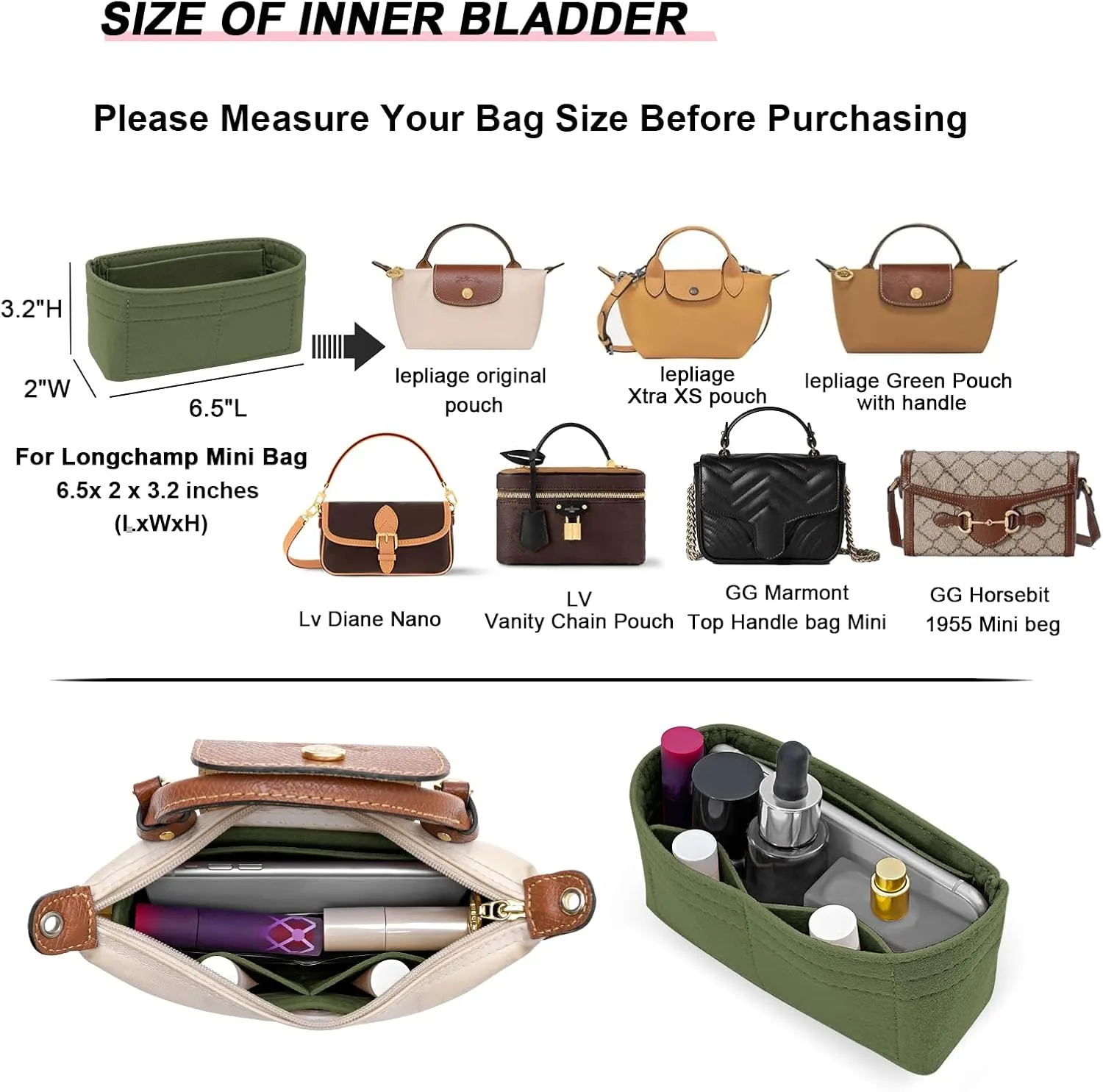 Felt Mini Organizer Insert for Longchamp mini XS Bag,Purse Organizer Insert For Handbag (Green)