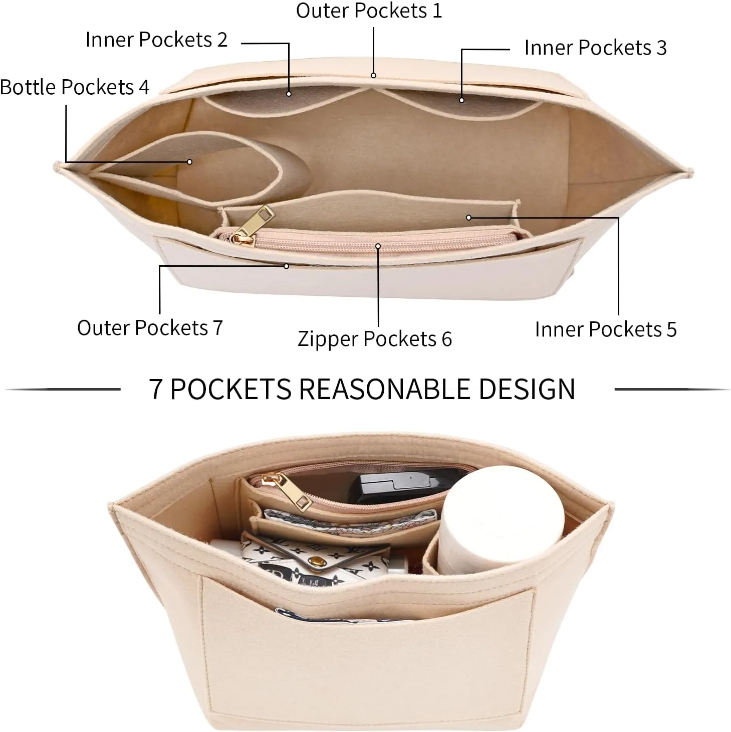 Felt Purse Organizer Insert for Longchamp Le Pliage M Handbag Insert (Medium Beige)