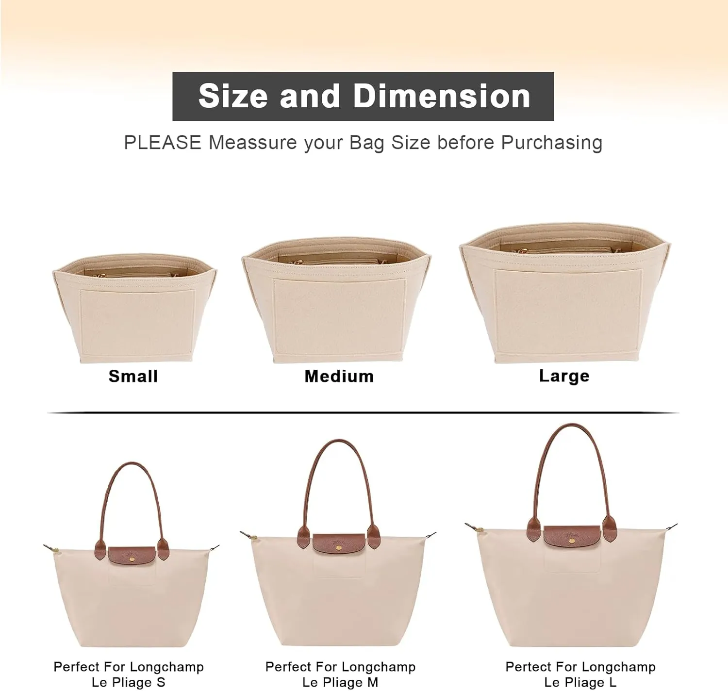 Felt Purse Organizer Insert for Longchamp Le Pliage M Handbag Insert (Medium Beige)