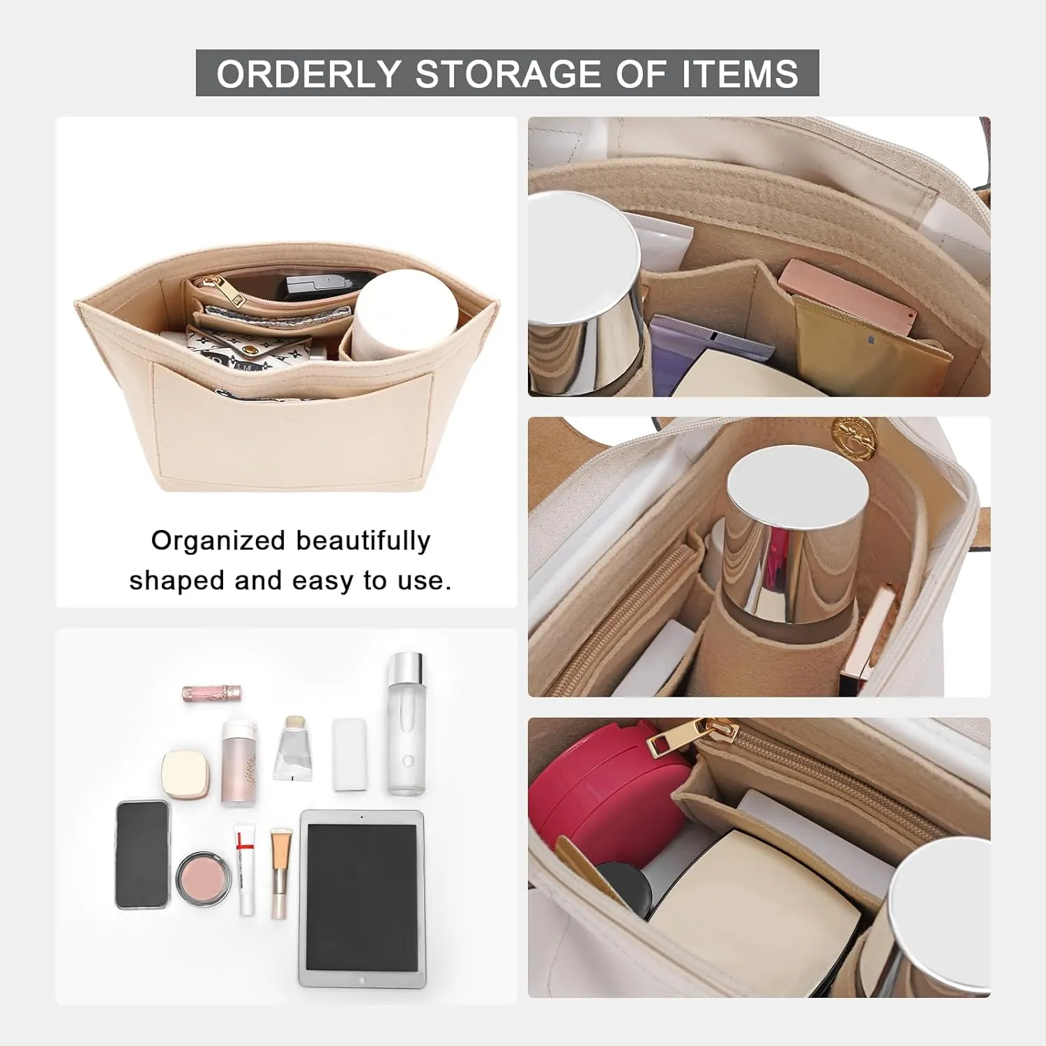 Felt Purse Organizer Insert for Longchamp Le Pliage M Handbag Insert (Medium Beige)